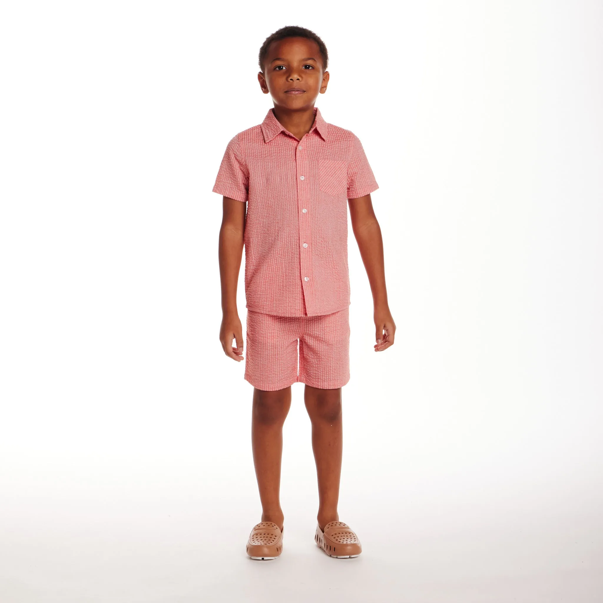 Kids (2-8) Short Sleeve Buttondown & Short Set | Coral Seersucker