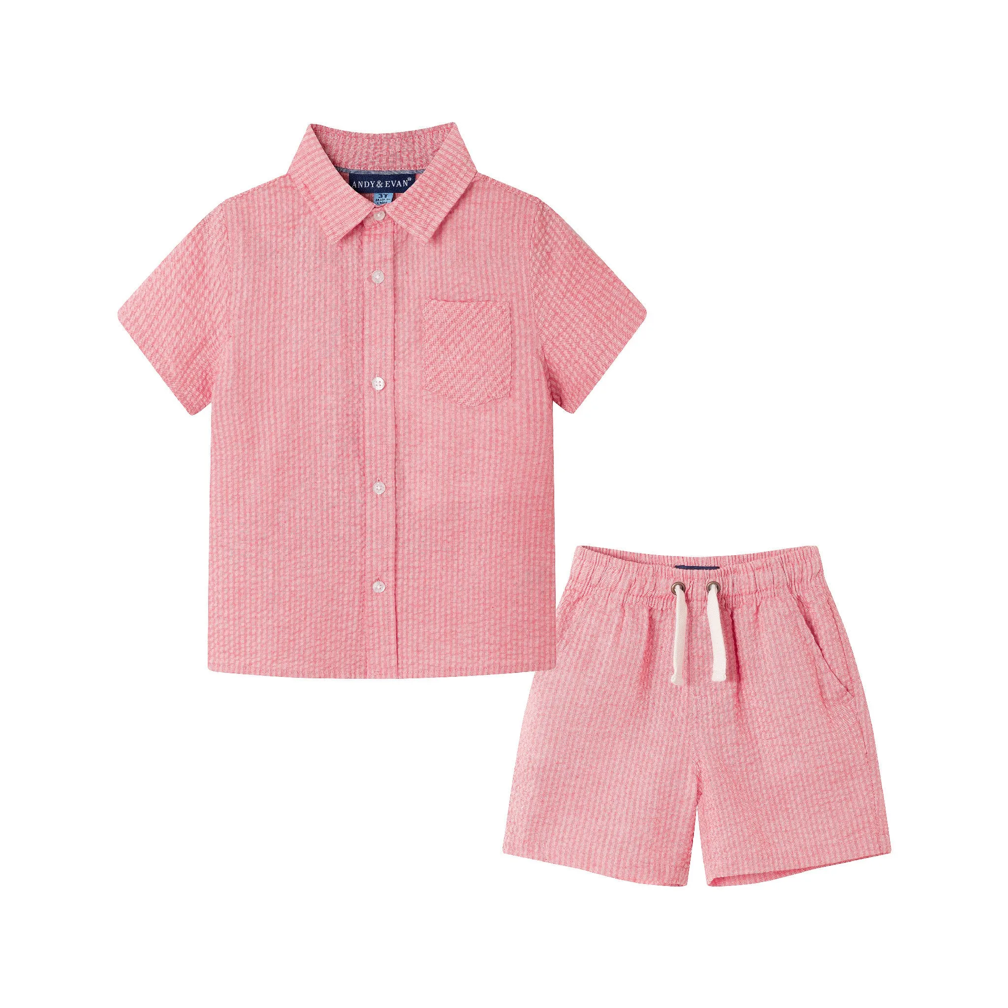 Kids (2-8) Short Sleeve Buttondown & Short Set | Coral Seersucker