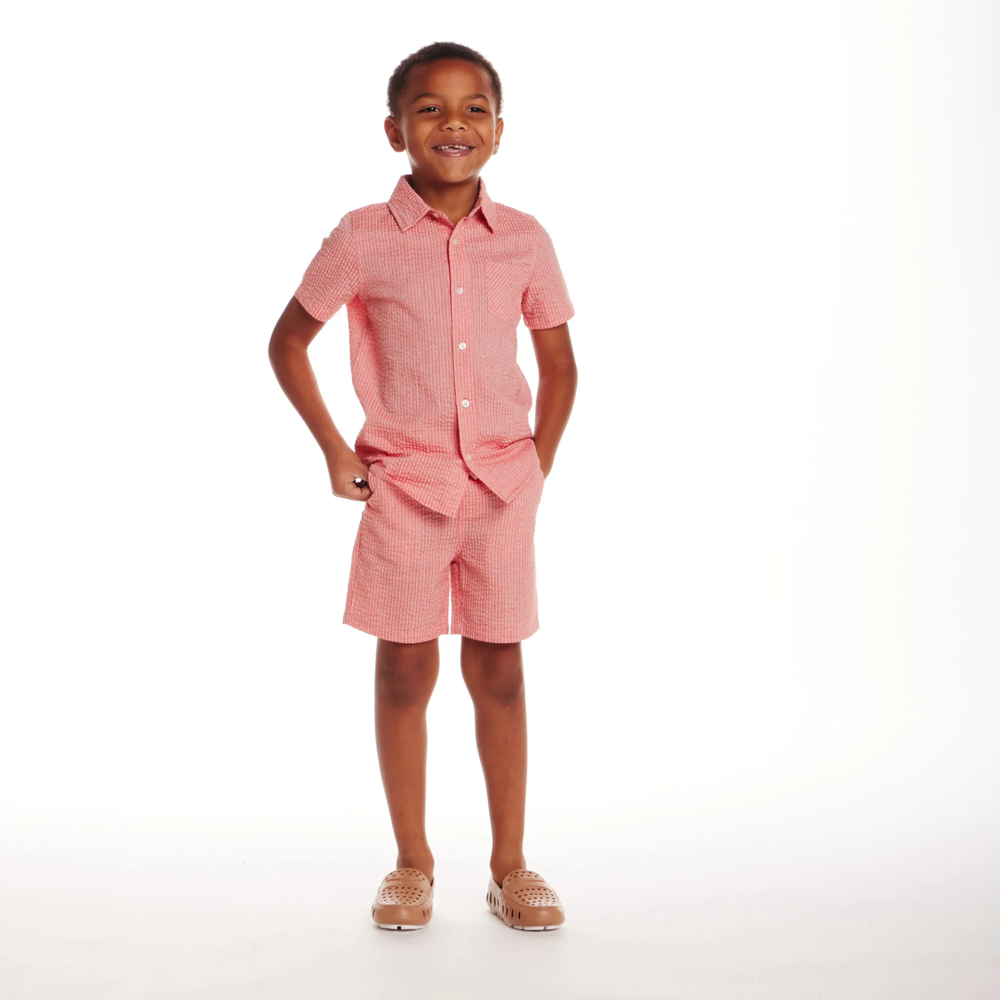 Kids (2-8) Short Sleeve Buttondown & Short Set | Coral Seersucker