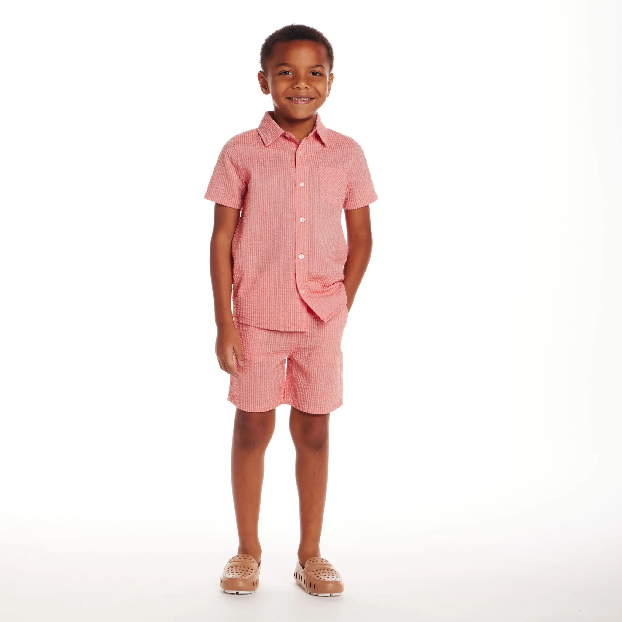 Kids (2-8) Short Sleeve Buttondown & Short Set | Coral Seersucker