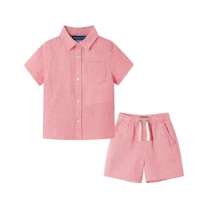 Kids (2-8) Short Sleeve Buttondown & Short Set | Coral Seersucker