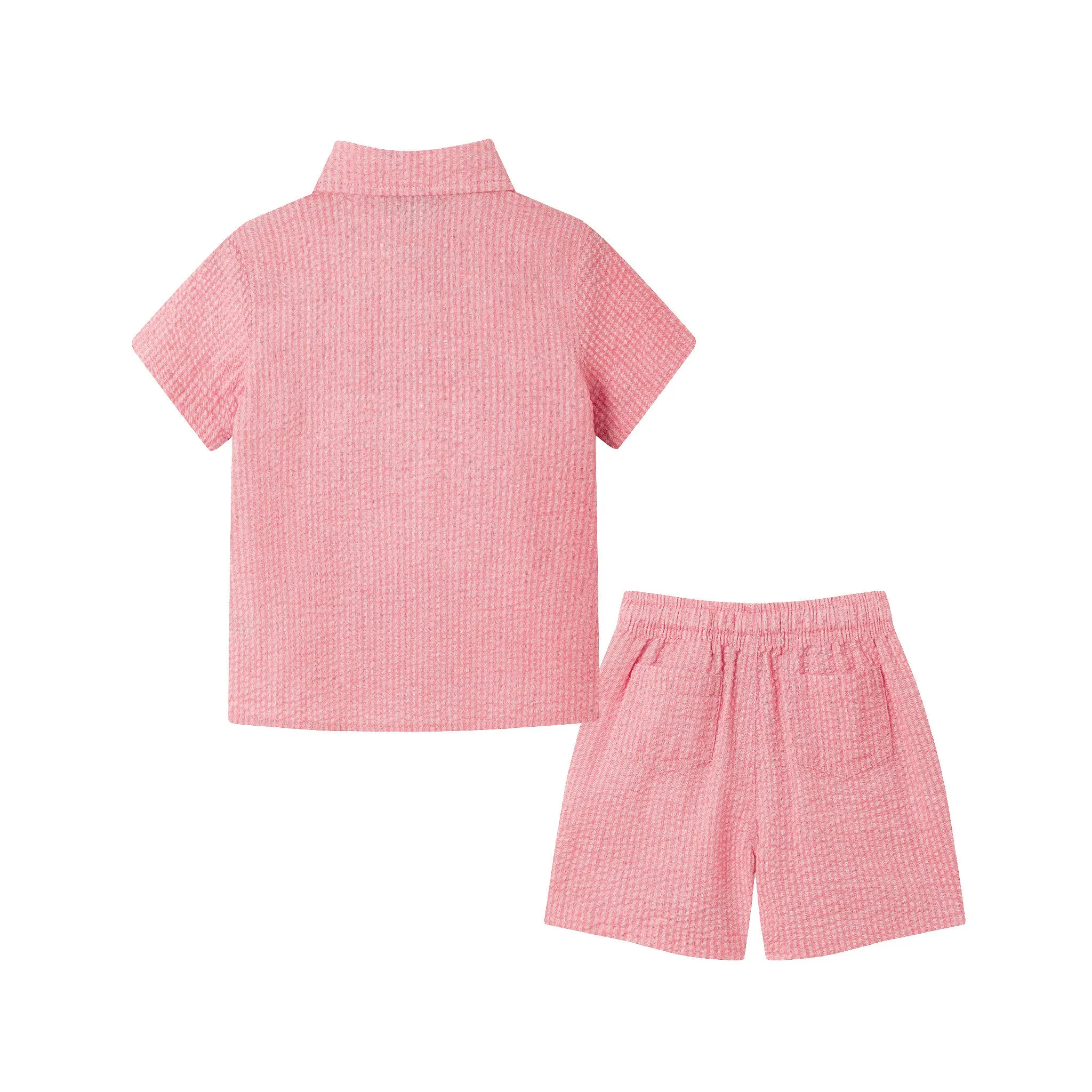 Kids (2-8) Short Sleeve Buttondown & Short Set | Coral Seersucker