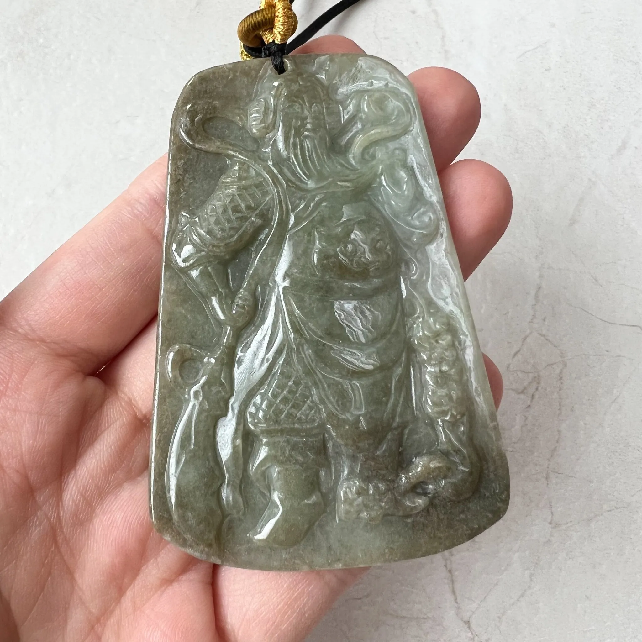 Large Green Jadeite Jade Guan Yu Guan Gong Carved Pendant Necklace, YJ-1221-0235508