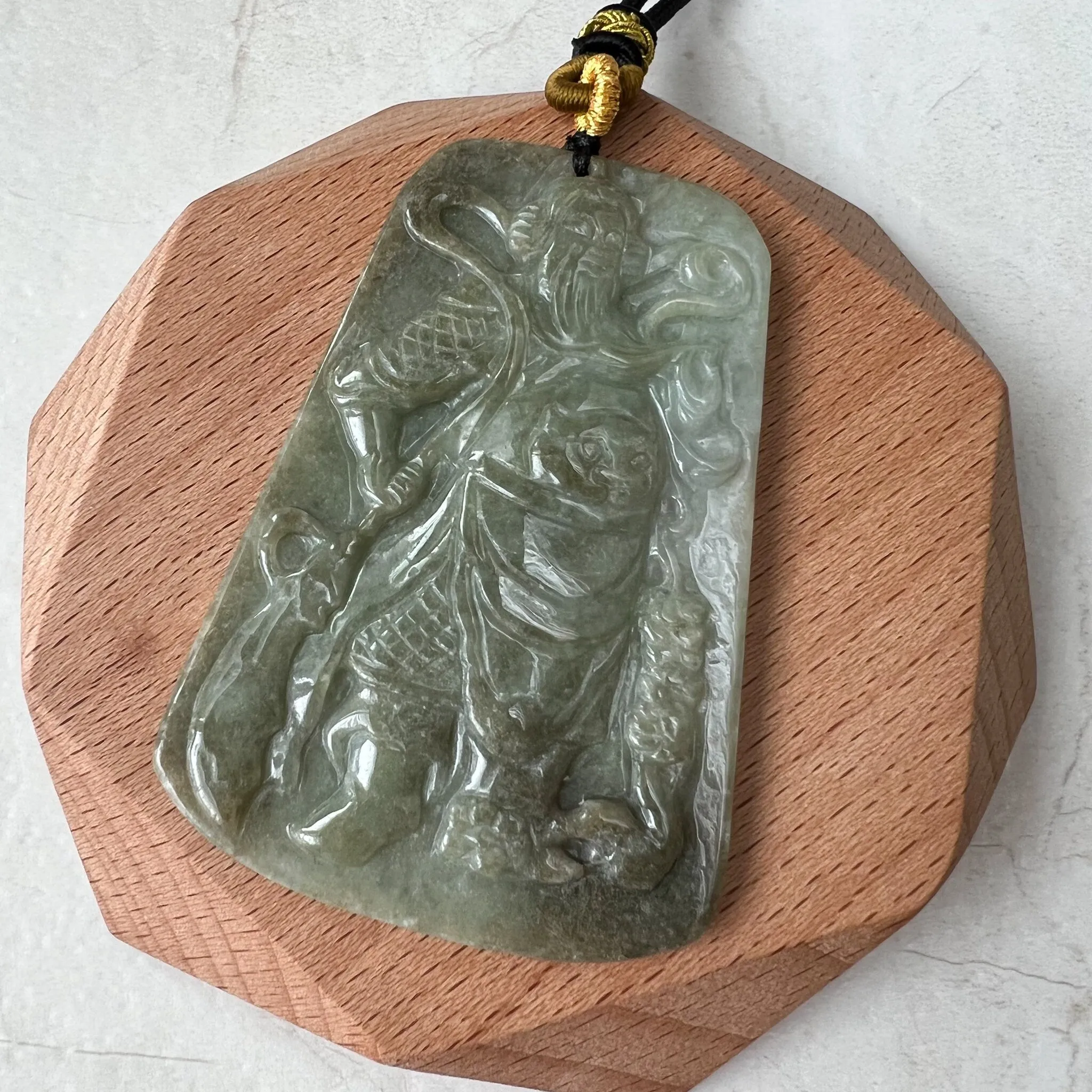 Large Green Jadeite Jade Guan Yu Guan Gong Carved Pendant Necklace, YJ-1221-0235508