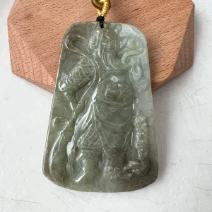 Large Green Jadeite Jade Guan Yu Guan Gong Carved Pendant Necklace, YJ-1221-0235508