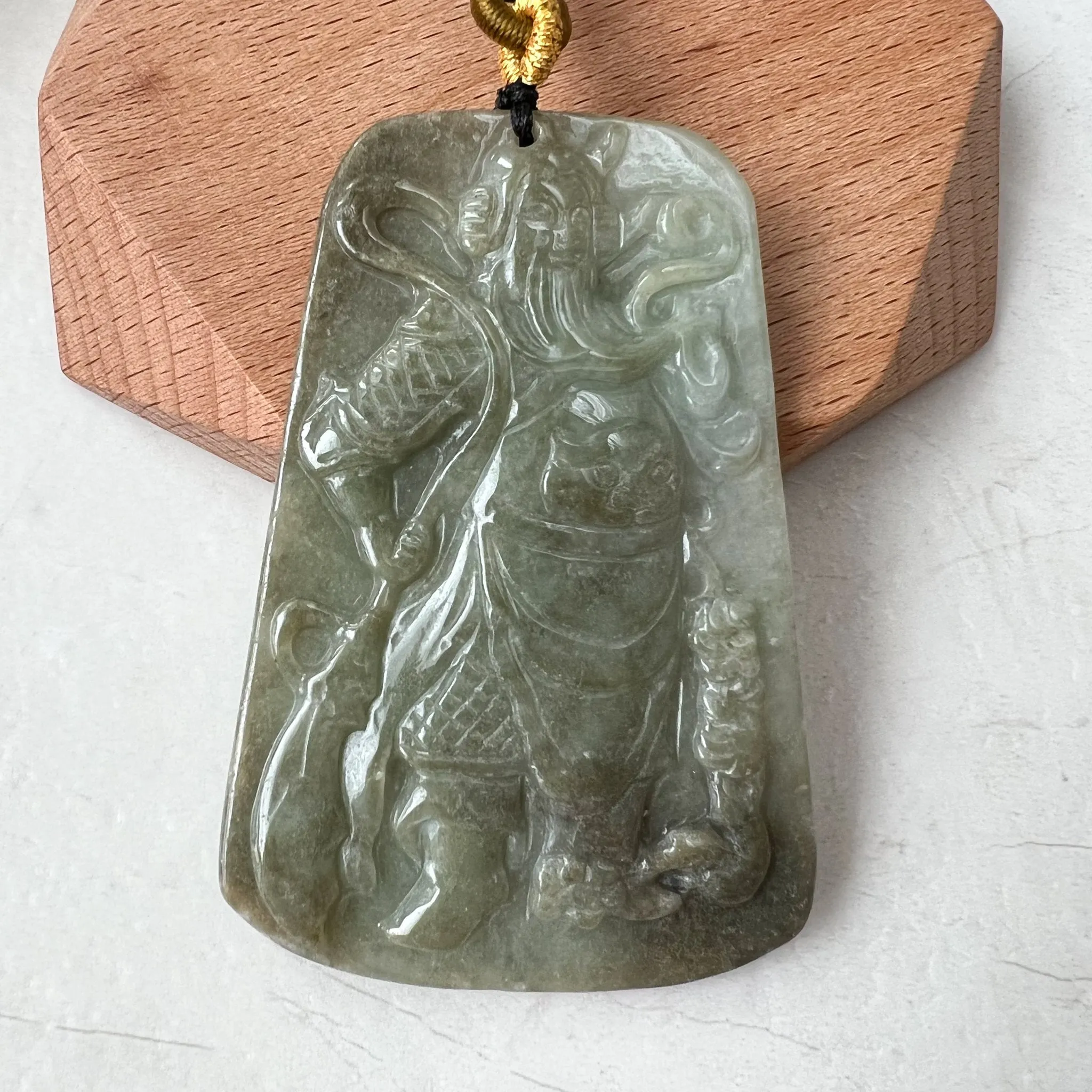 Large Green Jadeite Jade Guan Yu Guan Gong Carved Pendant Necklace, YJ-1221-0235508
