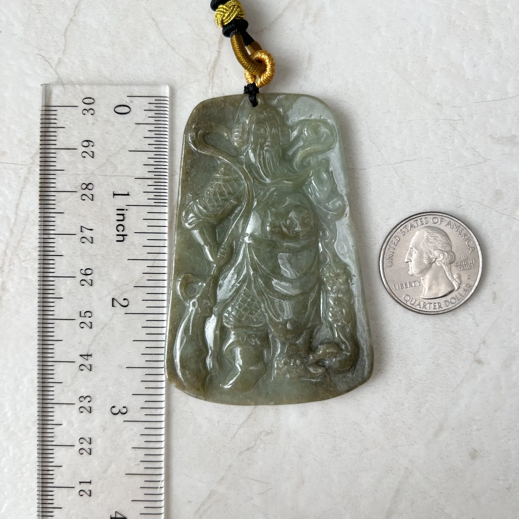 Large Green Jadeite Jade Guan Yu Guan Gong Carved Pendant Necklace, YJ-1221-0235508