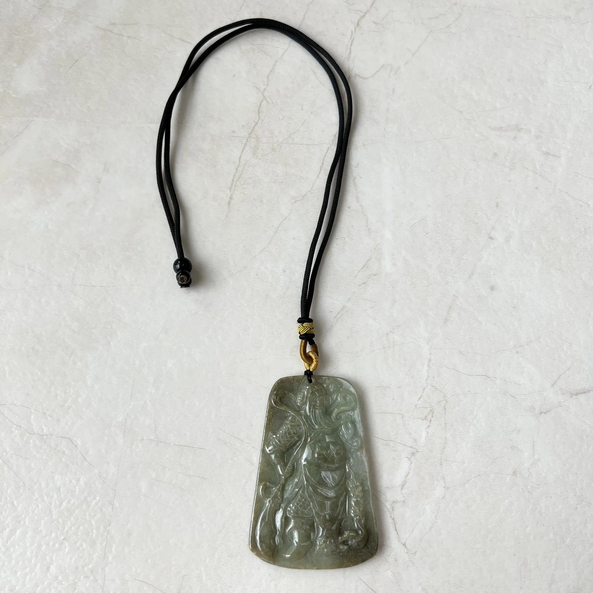 Large Green Jadeite Jade Guan Yu Guan Gong Carved Pendant Necklace, YJ-1221-0235508