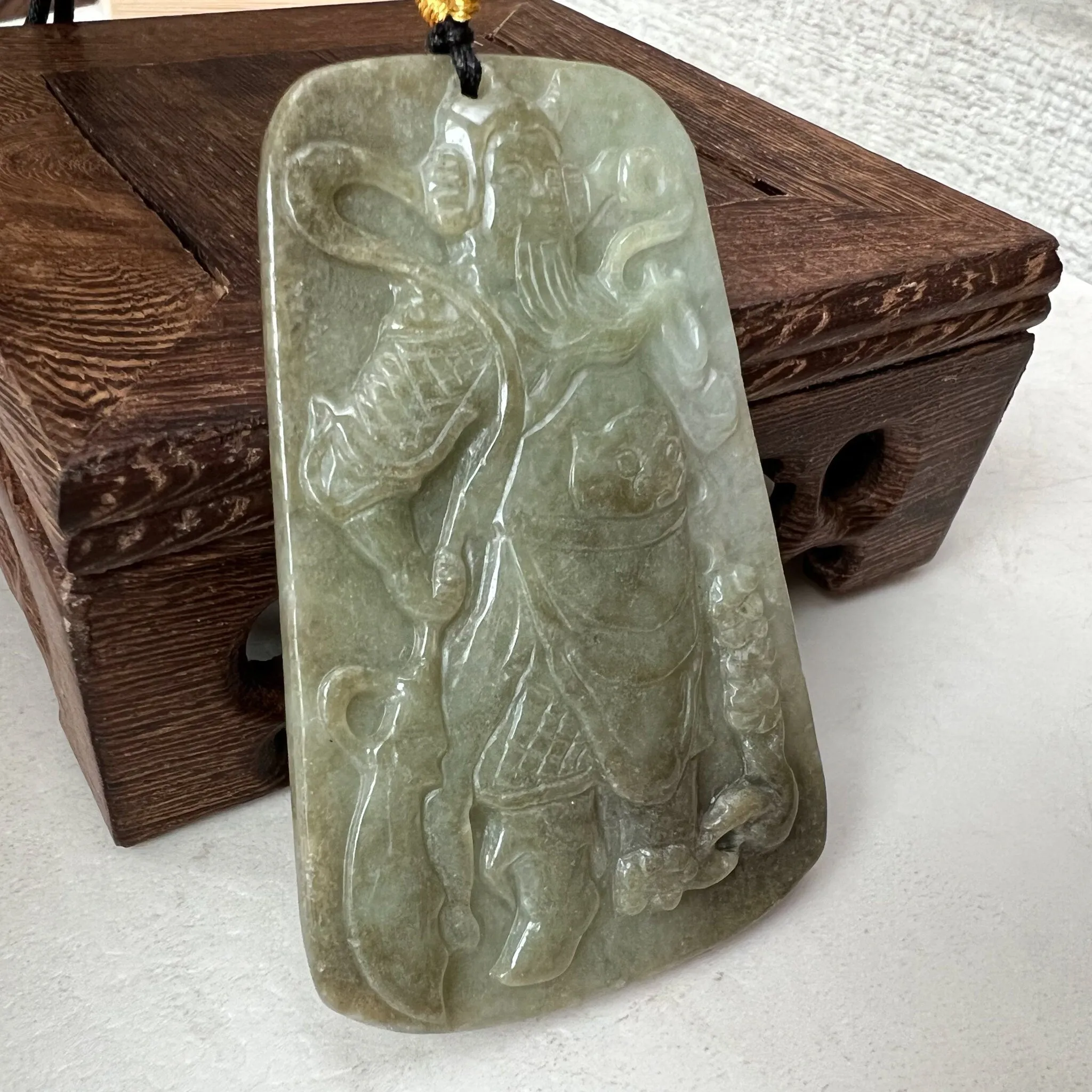 Large Green Jadeite Jade Guan Yu Guan Gong Carved Pendant Necklace, YJ-1221-0235508