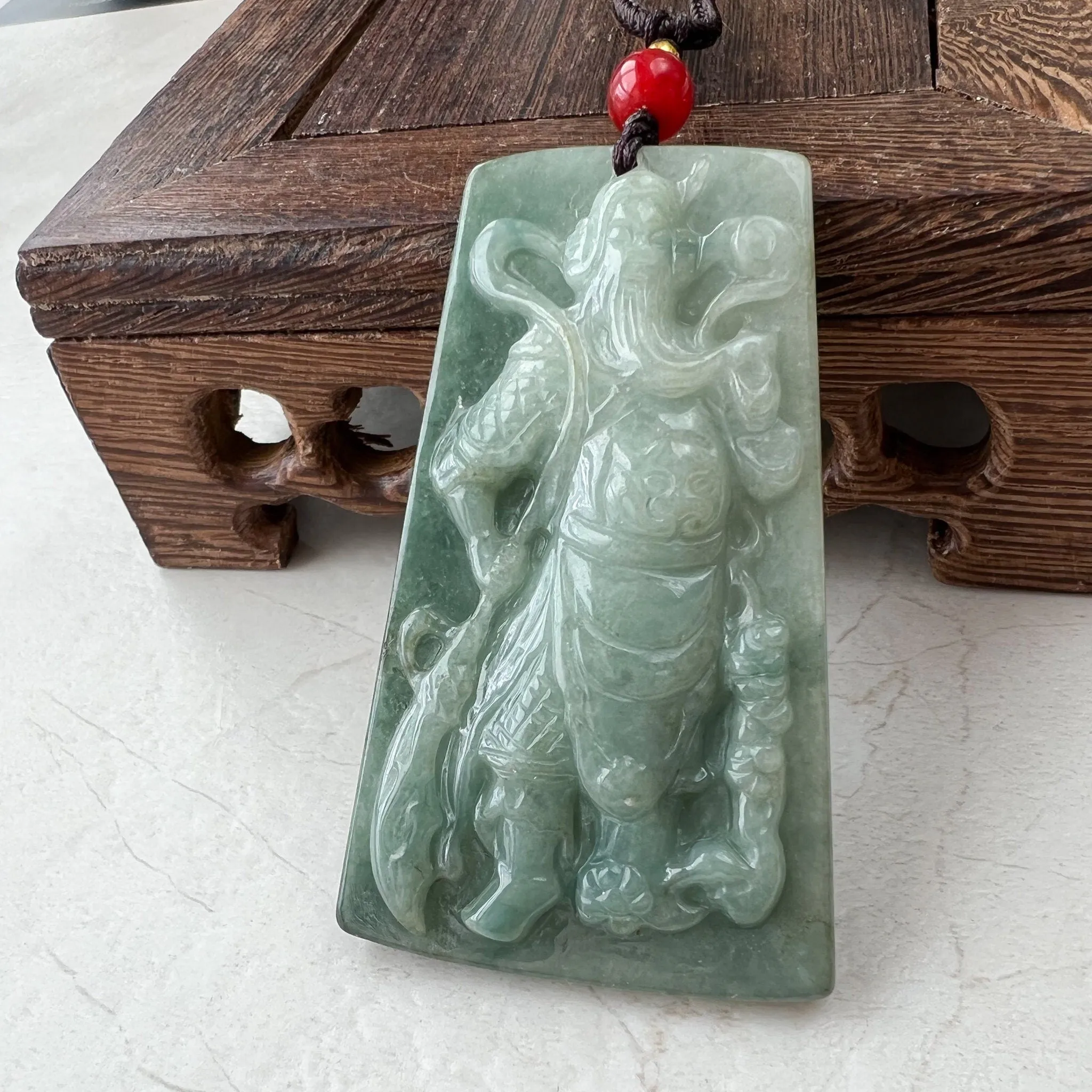 Large Green Jadeite Jade Guan Yu Guan Gong, 关羽, 关公, Carved Pendant Necklace, YJ-1221-0279103