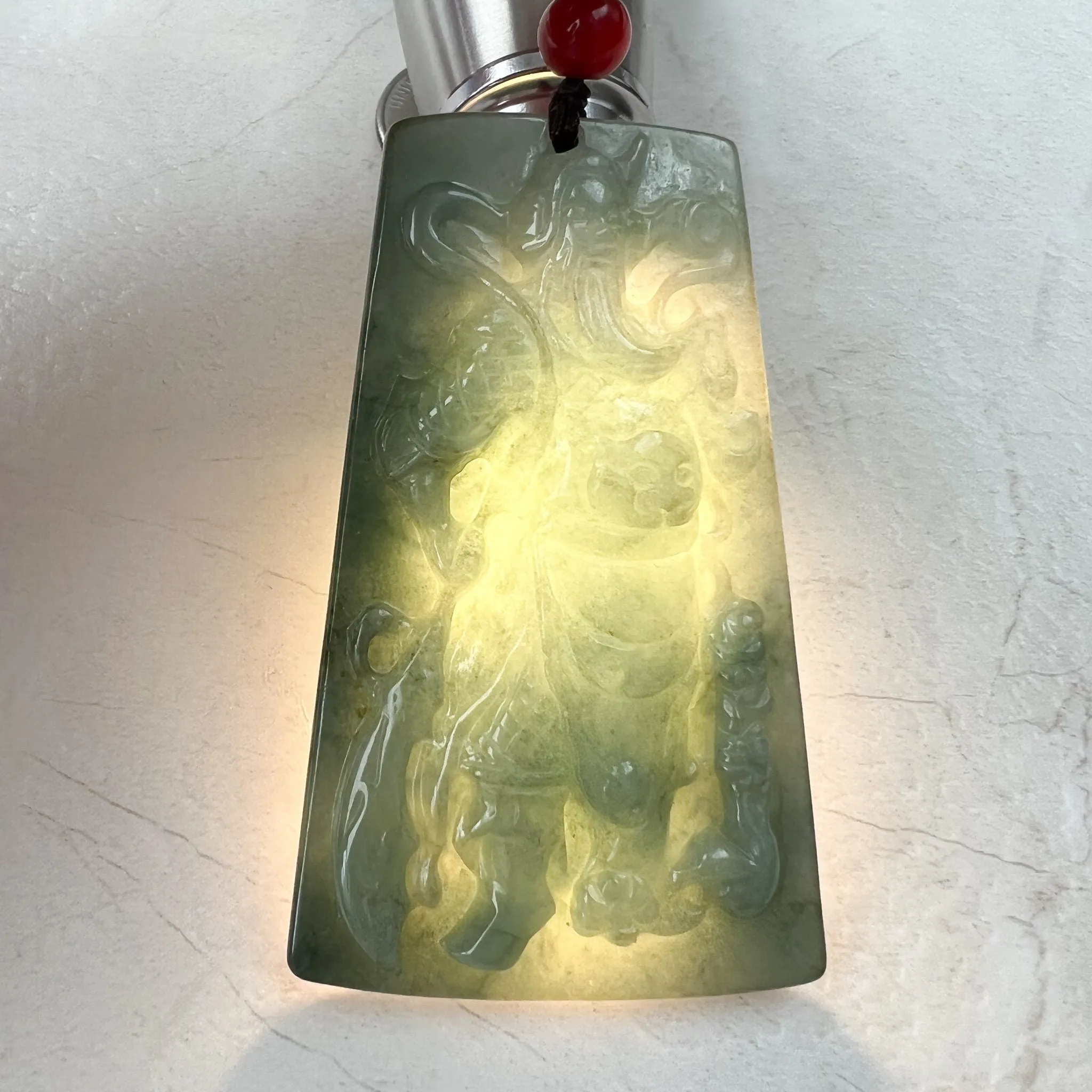 Large Green Jadeite Jade Guan Yu Guan Gong, 关羽, 关公, Carved Pendant Necklace, YJ-1221-0279103