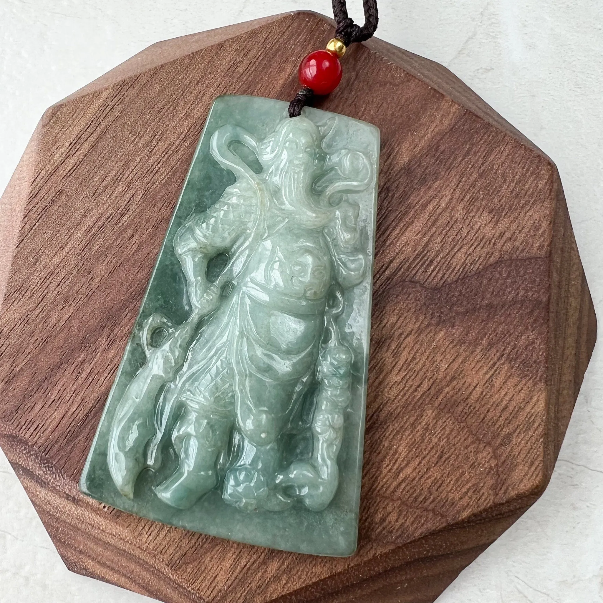 Large Green Jadeite Jade Guan Yu Guan Gong, 关羽, 关公, Carved Pendant Necklace, YJ-1221-0279103
