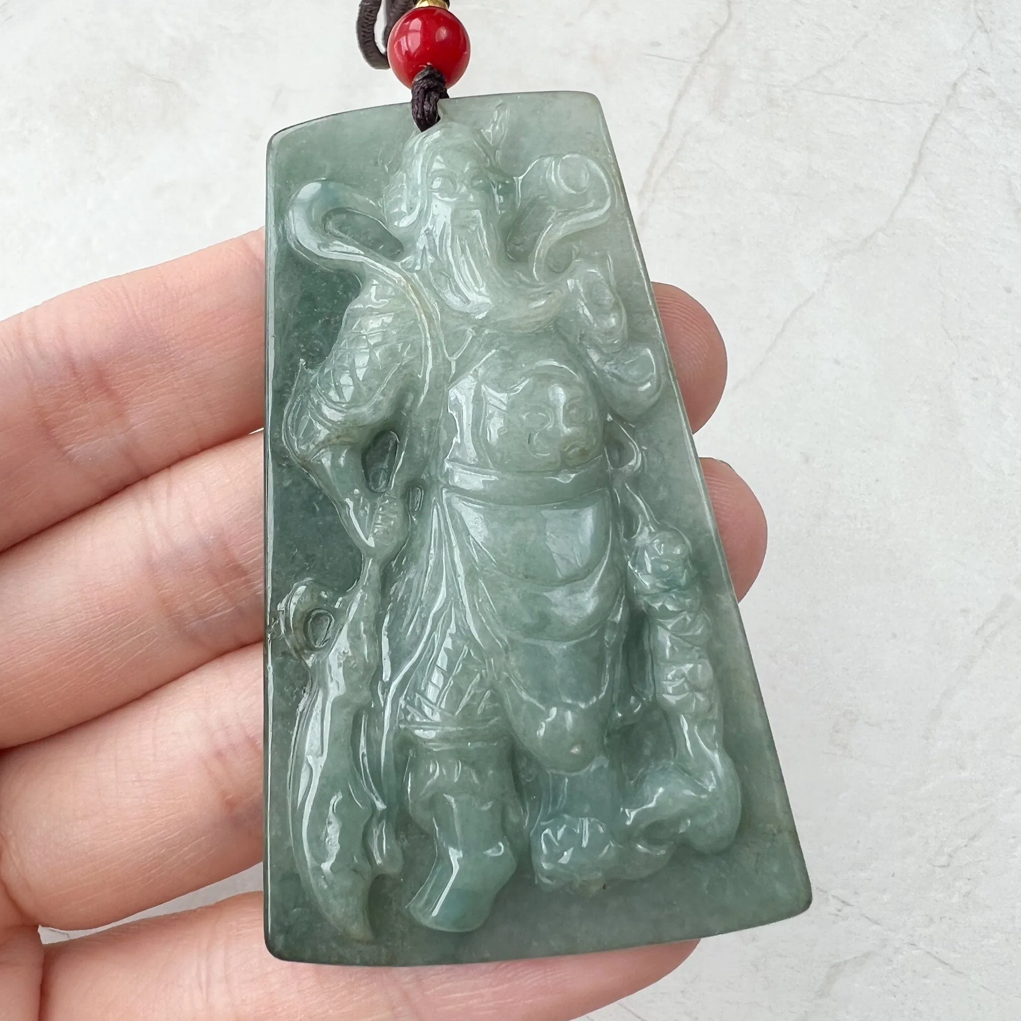Large Green Jadeite Jade Guan Yu Guan Gong, 关羽, 关公, Carved Pendant Necklace, YJ-1221-0279103