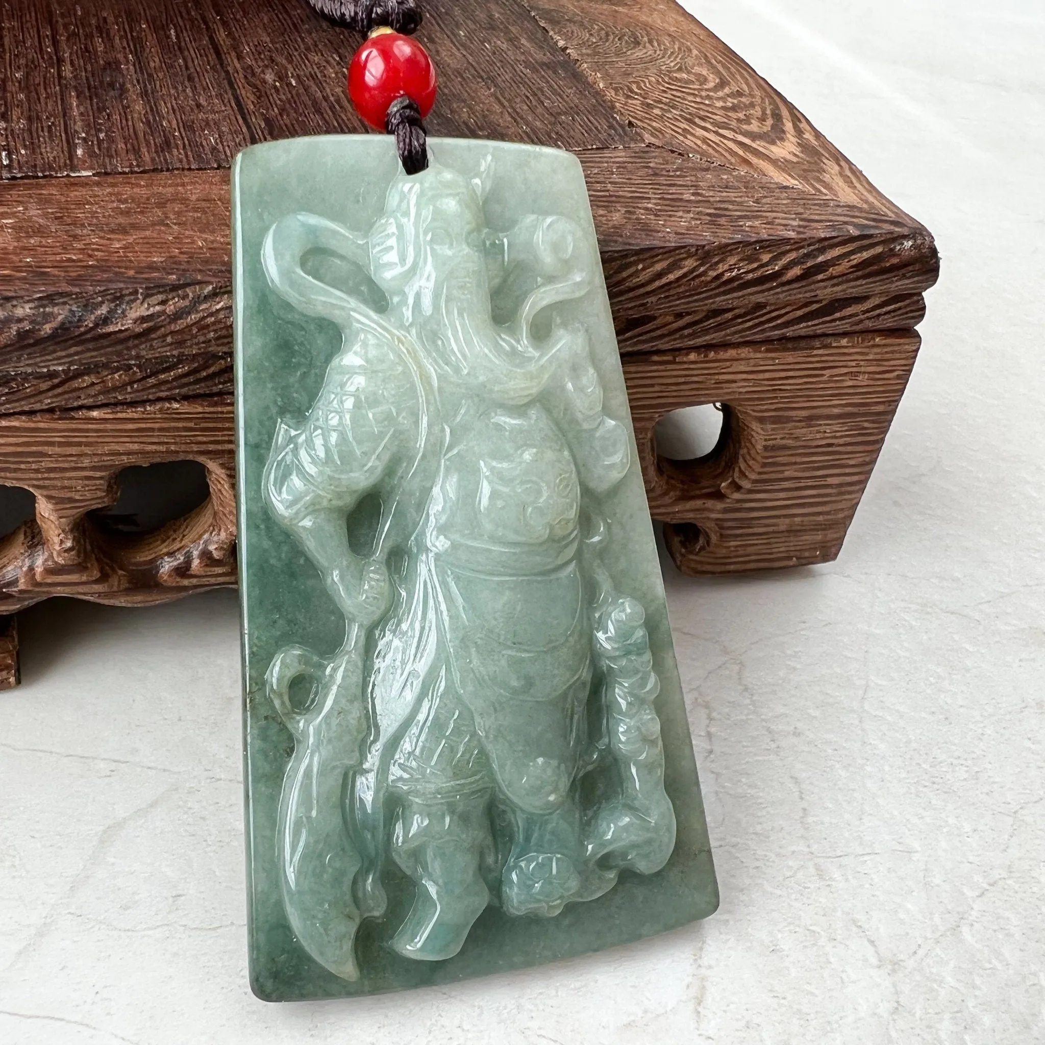 Large Green Jadeite Jade Guan Yu Guan Gong, 关羽, 关公, Carved Pendant Necklace, YJ-1221-0279103