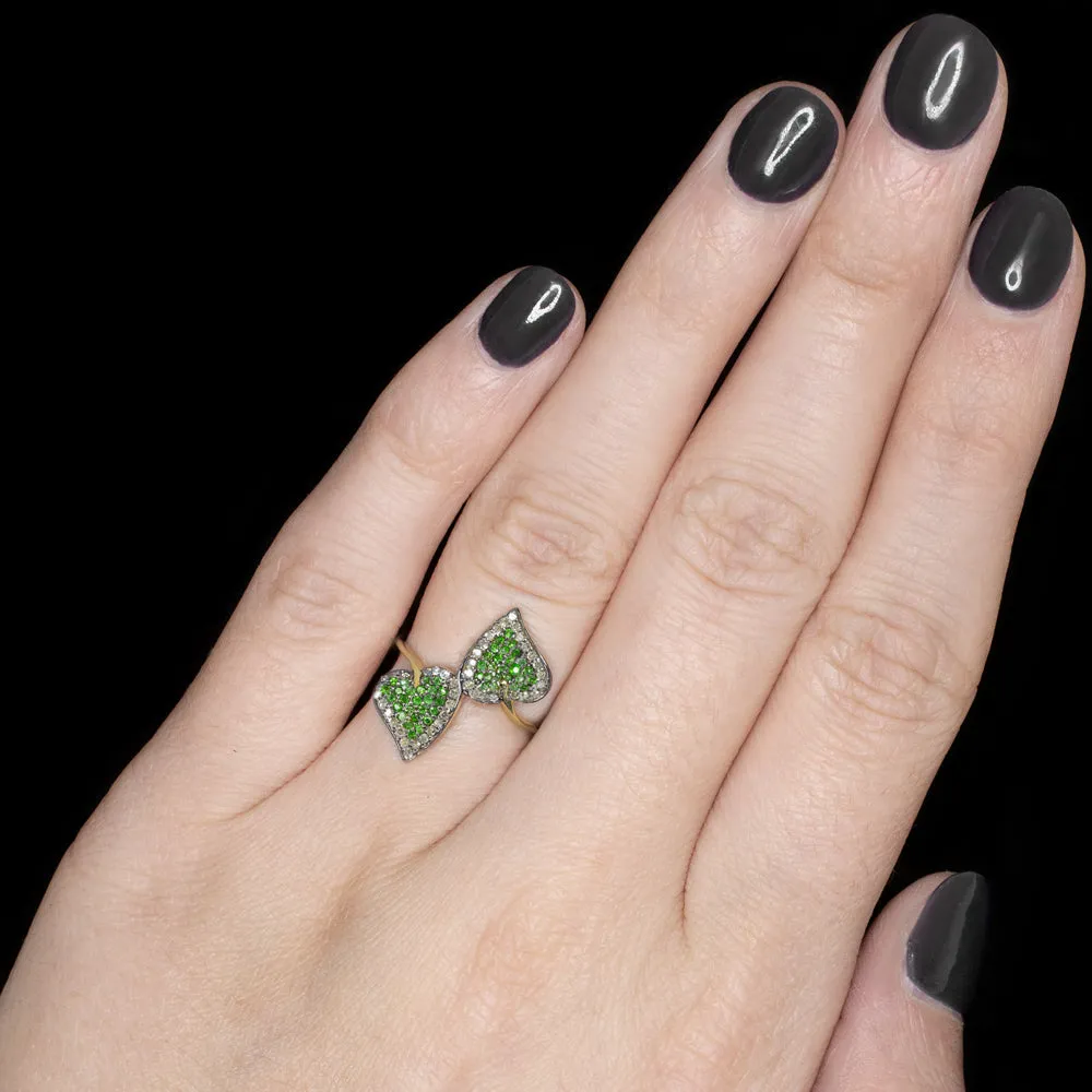 NATURAL DIAMOND CHROME DIOPSIDE COCKTAIL RING PAVE LEAF SHAPE BOTANICAL GREEN