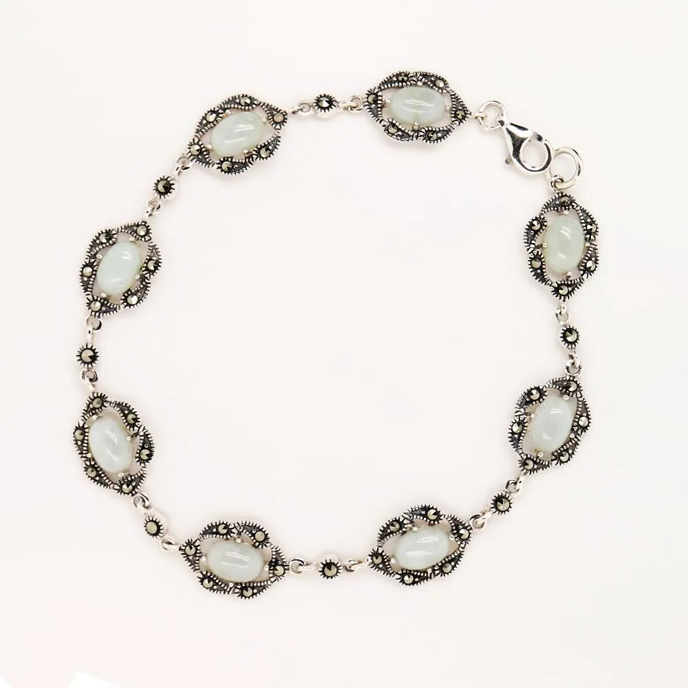 Natural Jade with Marcasite Halo Bracelet in Silver
