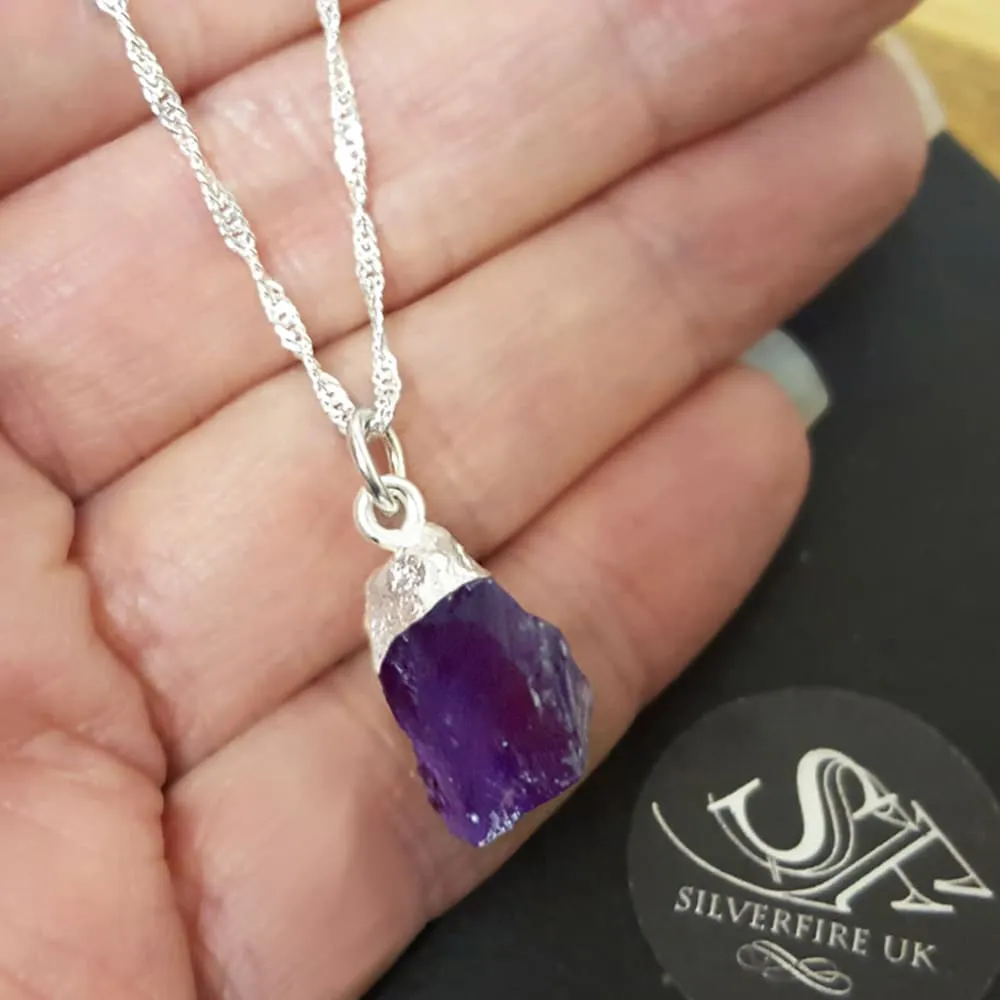 Natural Raw Amethyst Rough Crystal Necklace, Sterling Silver