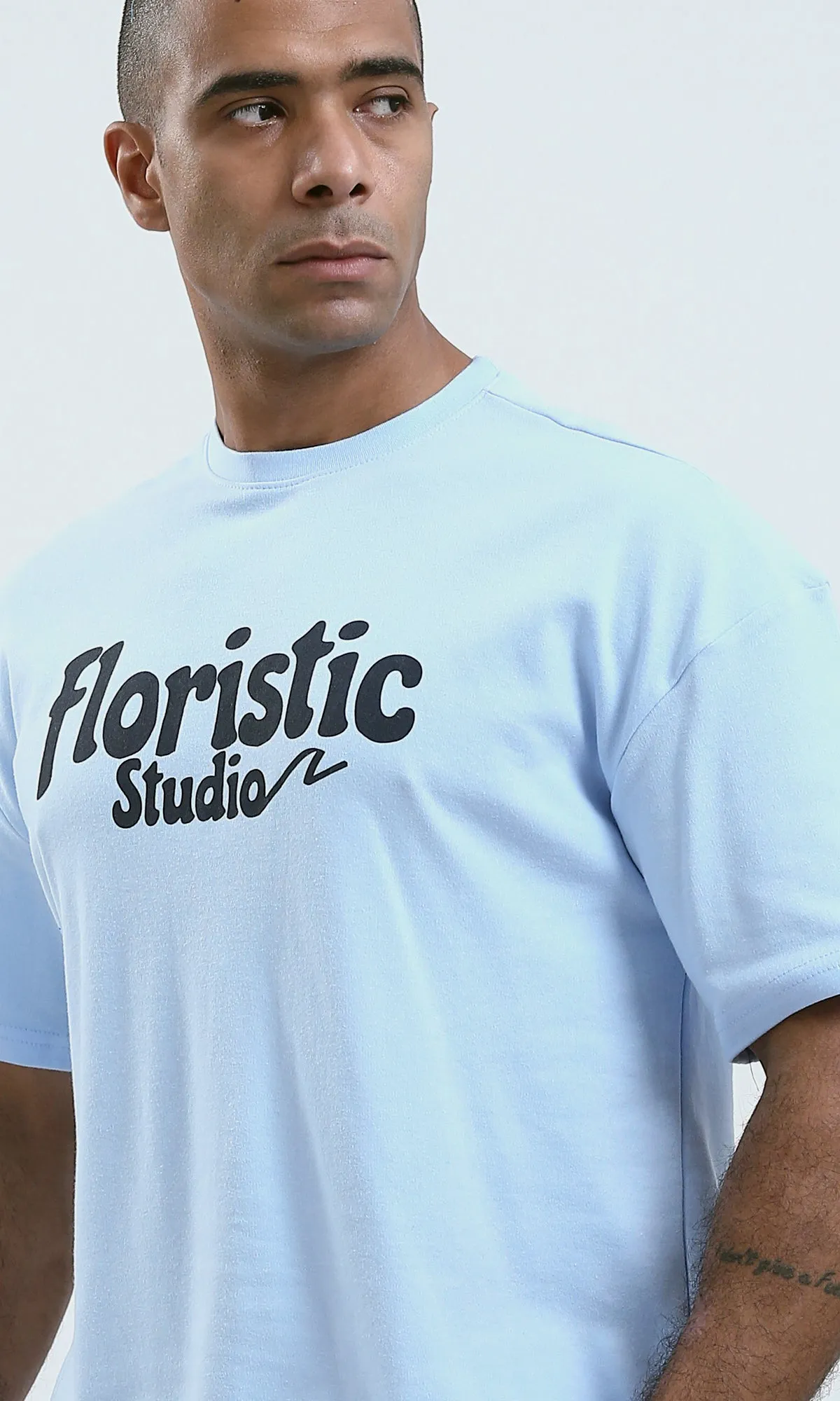 O191635 - Printed Sky Blue Elbow-Sleeves Tee with Front And back