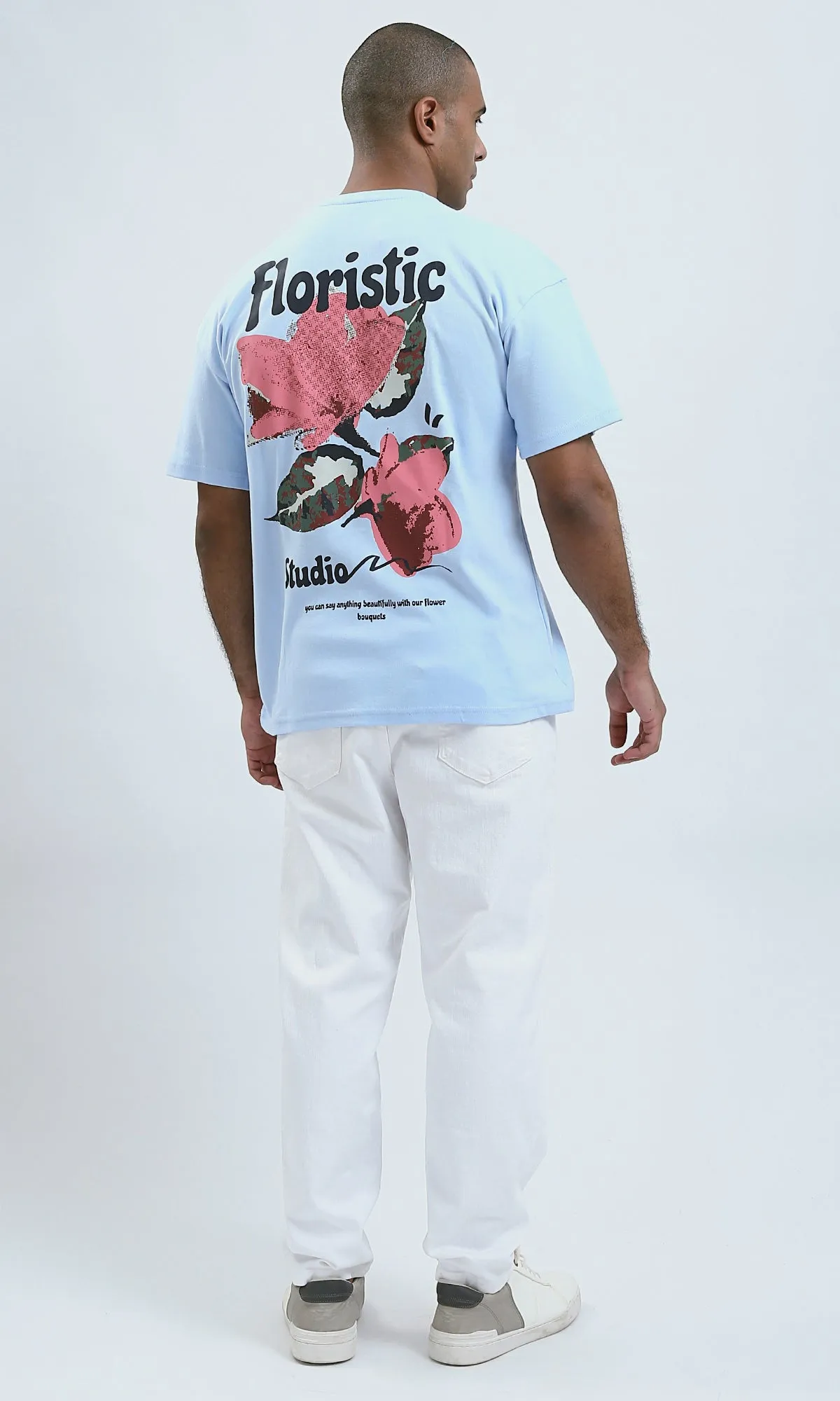 O191635 - Printed Sky Blue Elbow-Sleeves Tee with Front And back