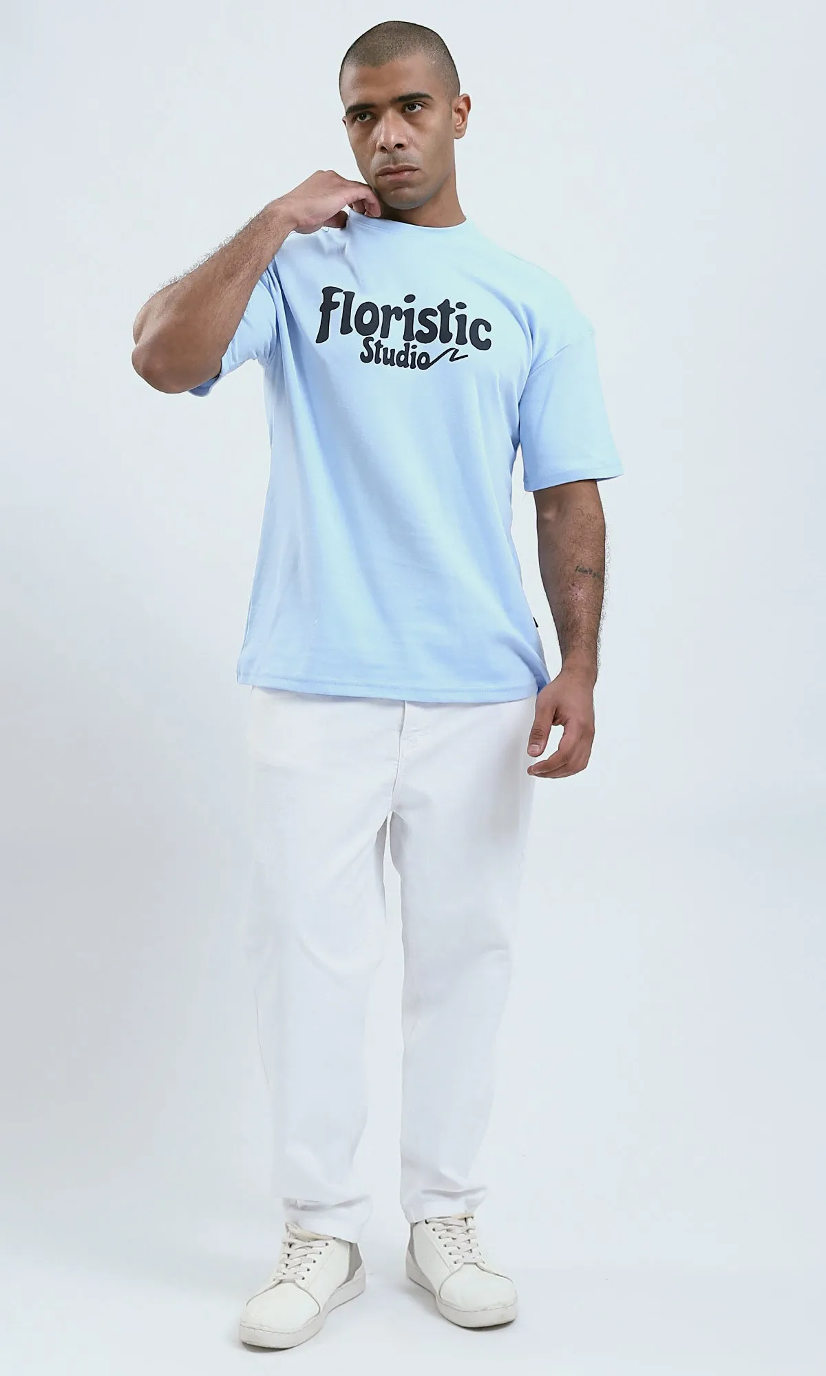 O191635 - Printed Sky Blue Elbow-Sleeves Tee with Front And back