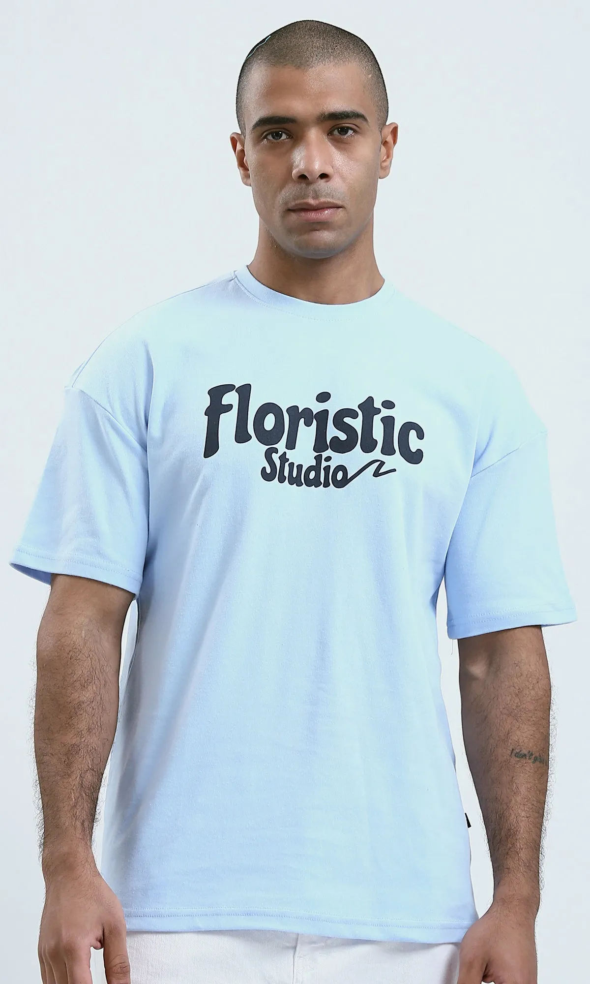 O191635 - Printed Sky Blue Elbow-Sleeves Tee with Front And back