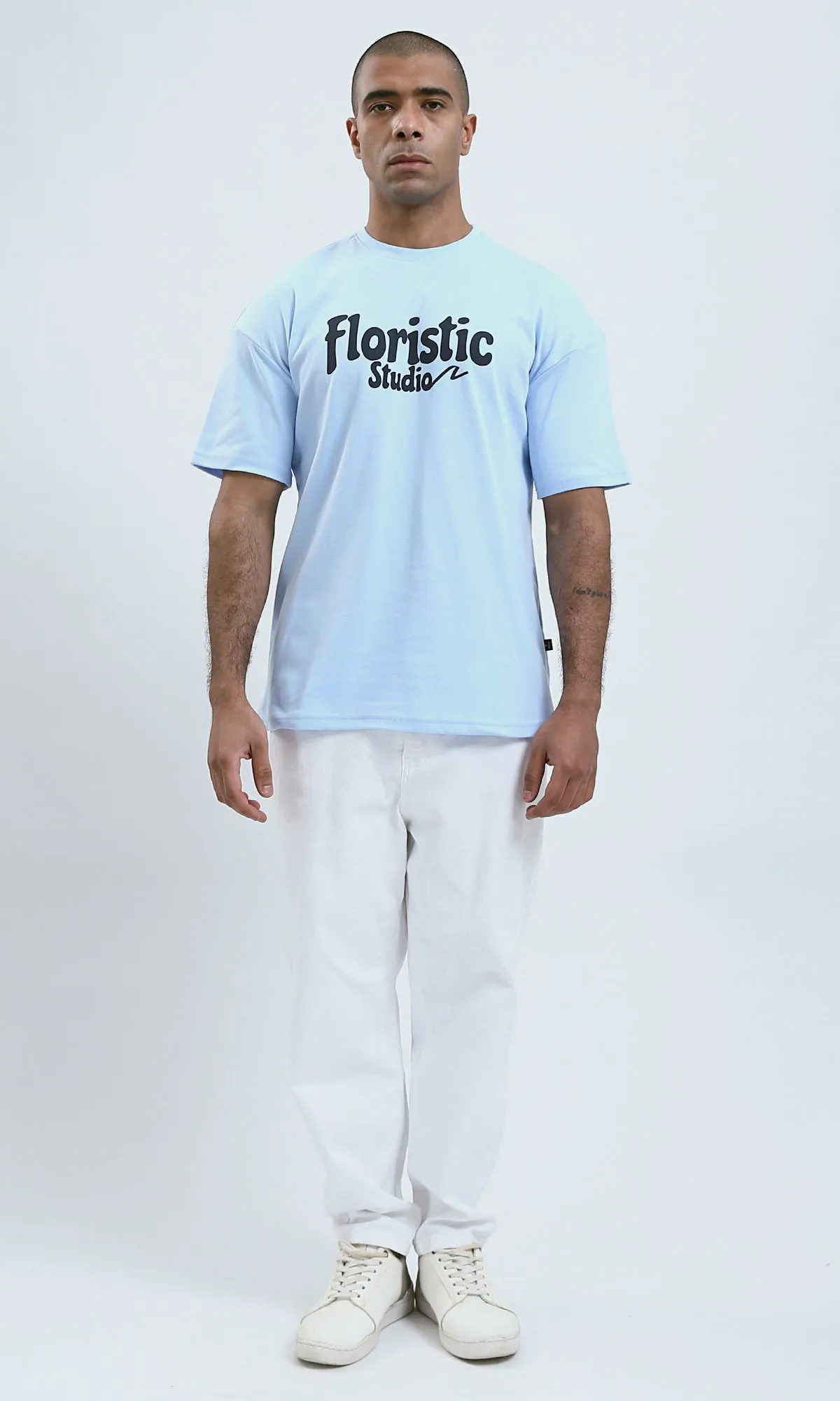 O191635 - Printed Sky Blue Elbow-Sleeves Tee with Front And back