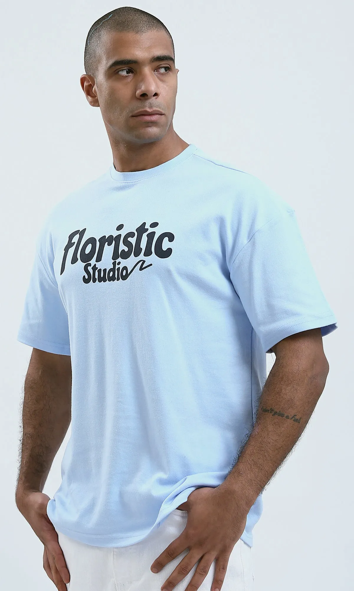 O191635 - Printed Sky Blue Elbow-Sleeves Tee with Front And back