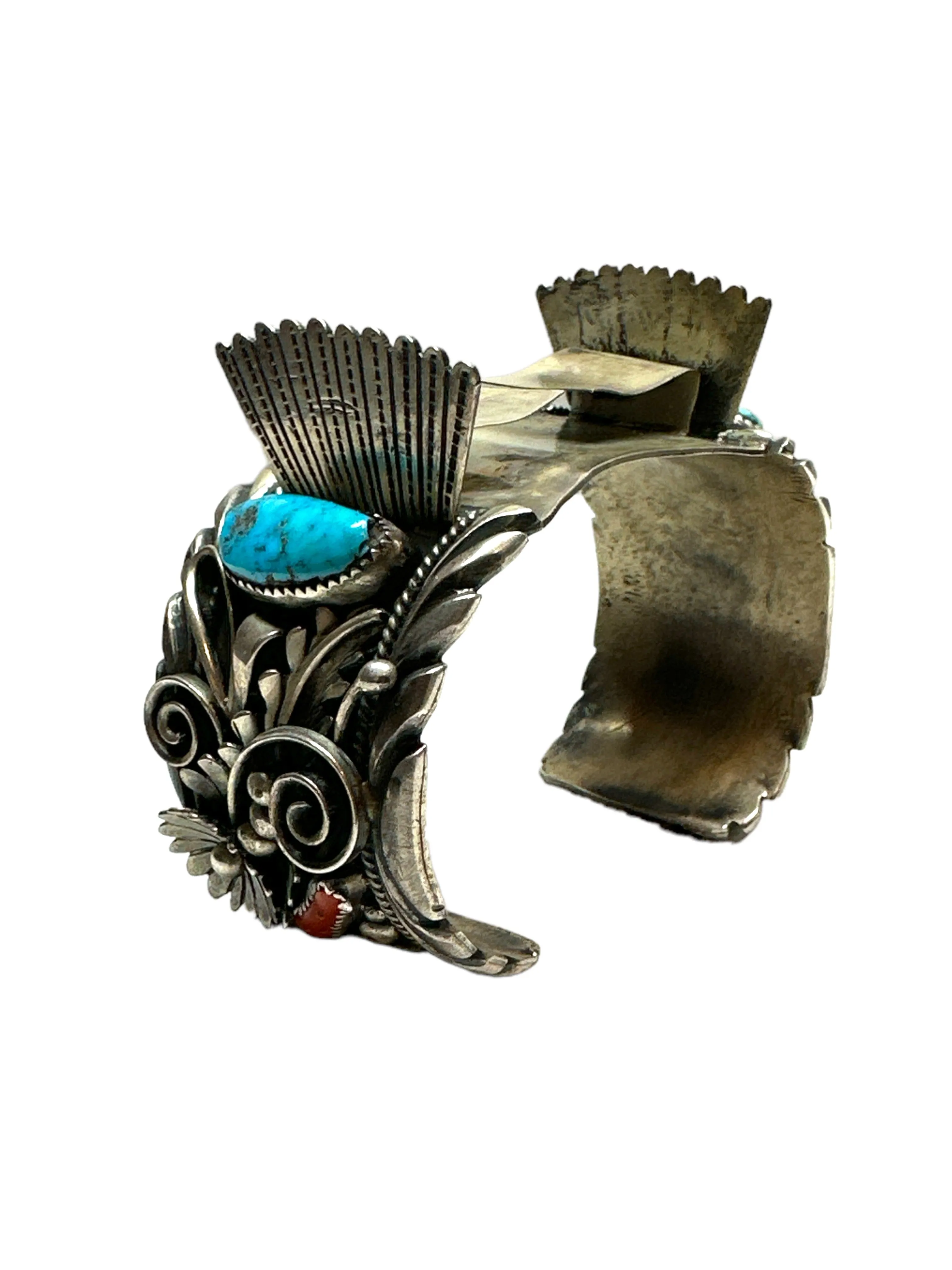 Old Pawn Navajo Heavy Gauge Sterling Silver Turquoise & Coral Watchcuff Bracelet