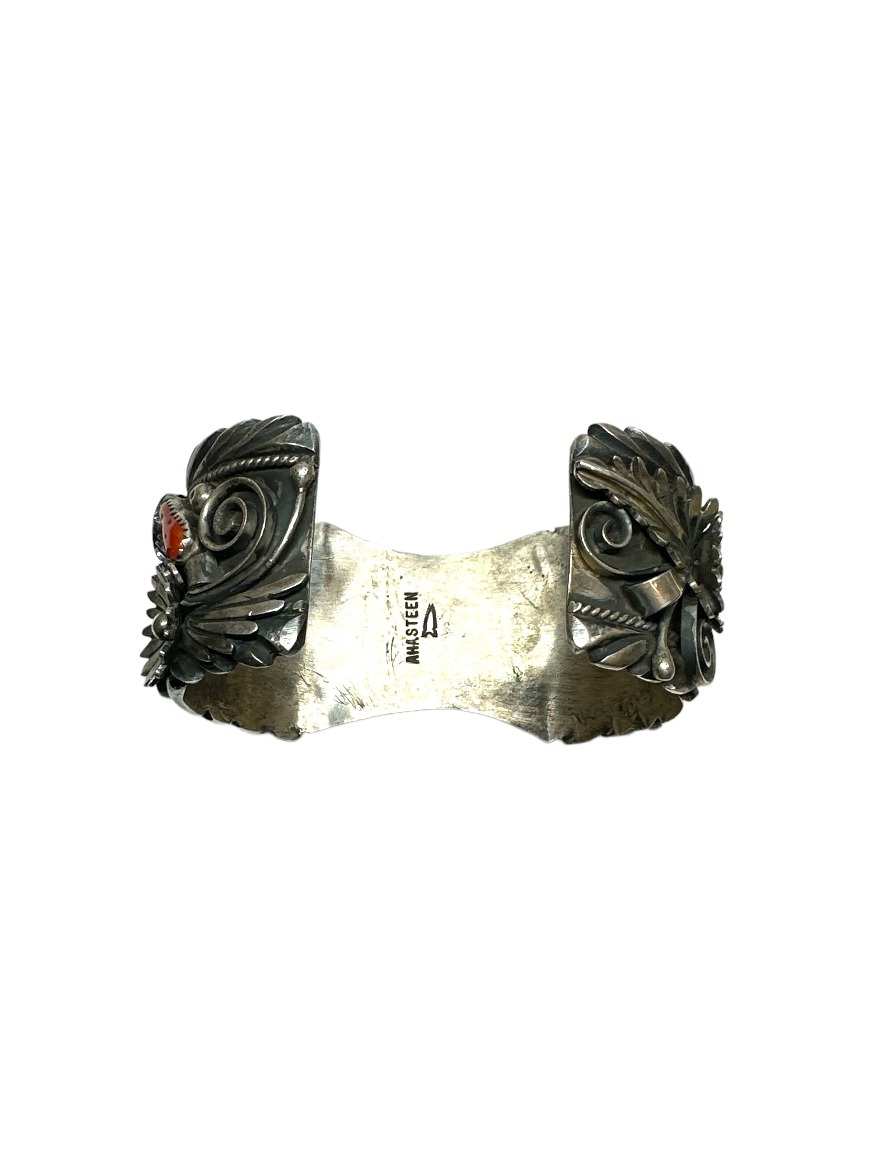 Old Pawn Navajo Heavy Gauge Sterling Silver Turquoise & Coral Watchcuff Bracelet