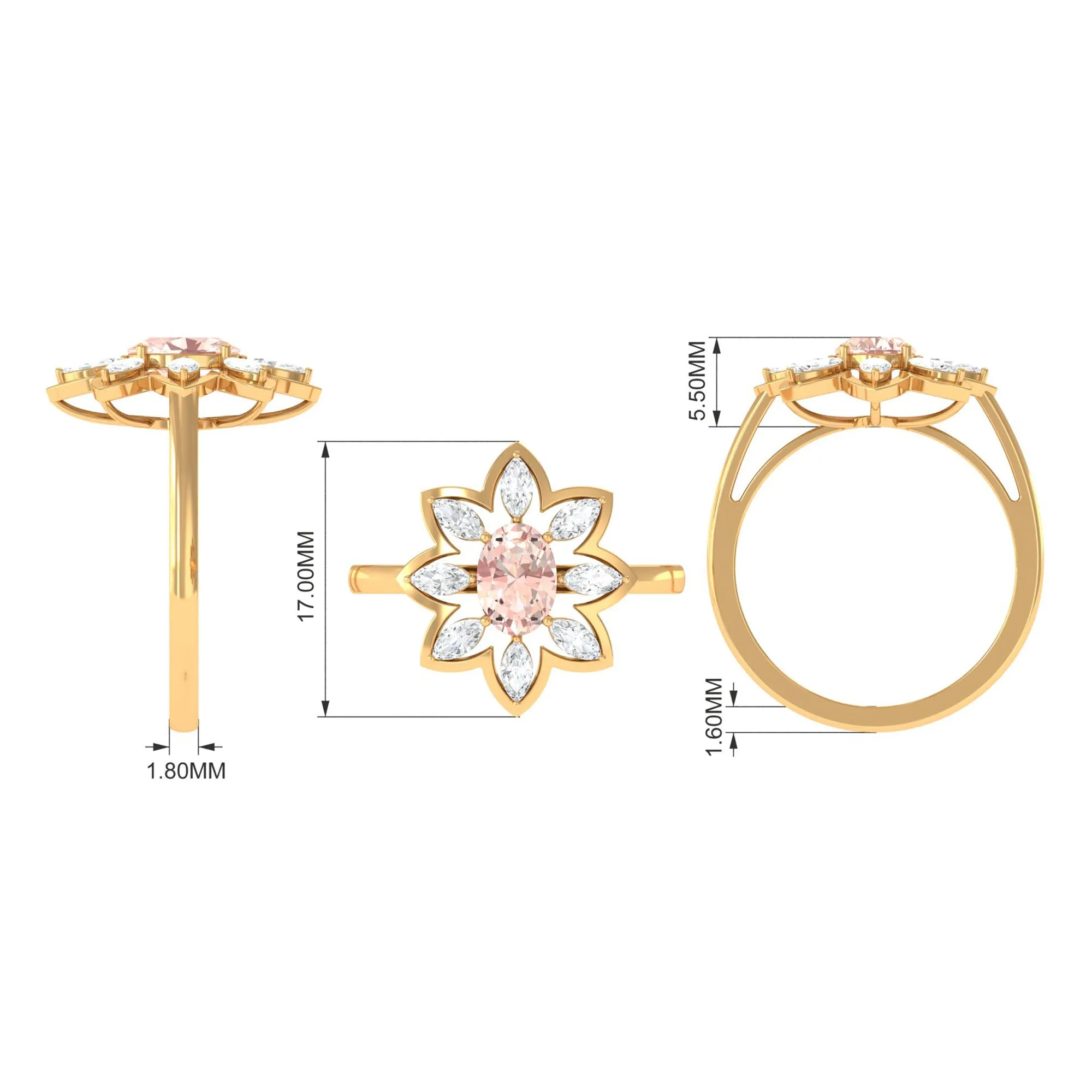 Oval Morganite Flower Cocktail Ring with Moissanite