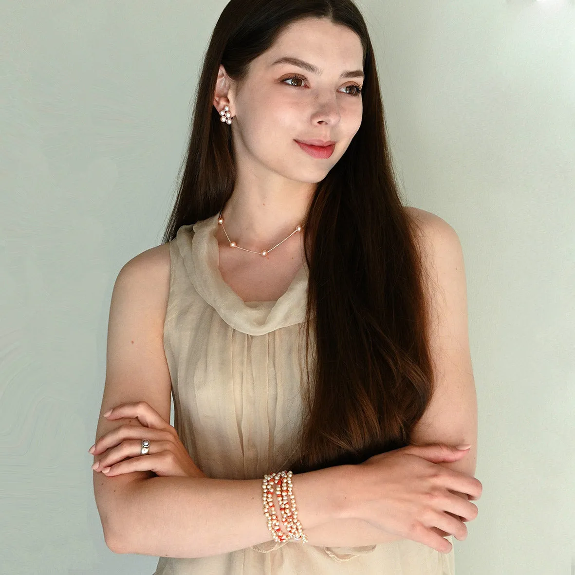 Peach Freshwater Pearl and Coral 5 Strand Bracelet