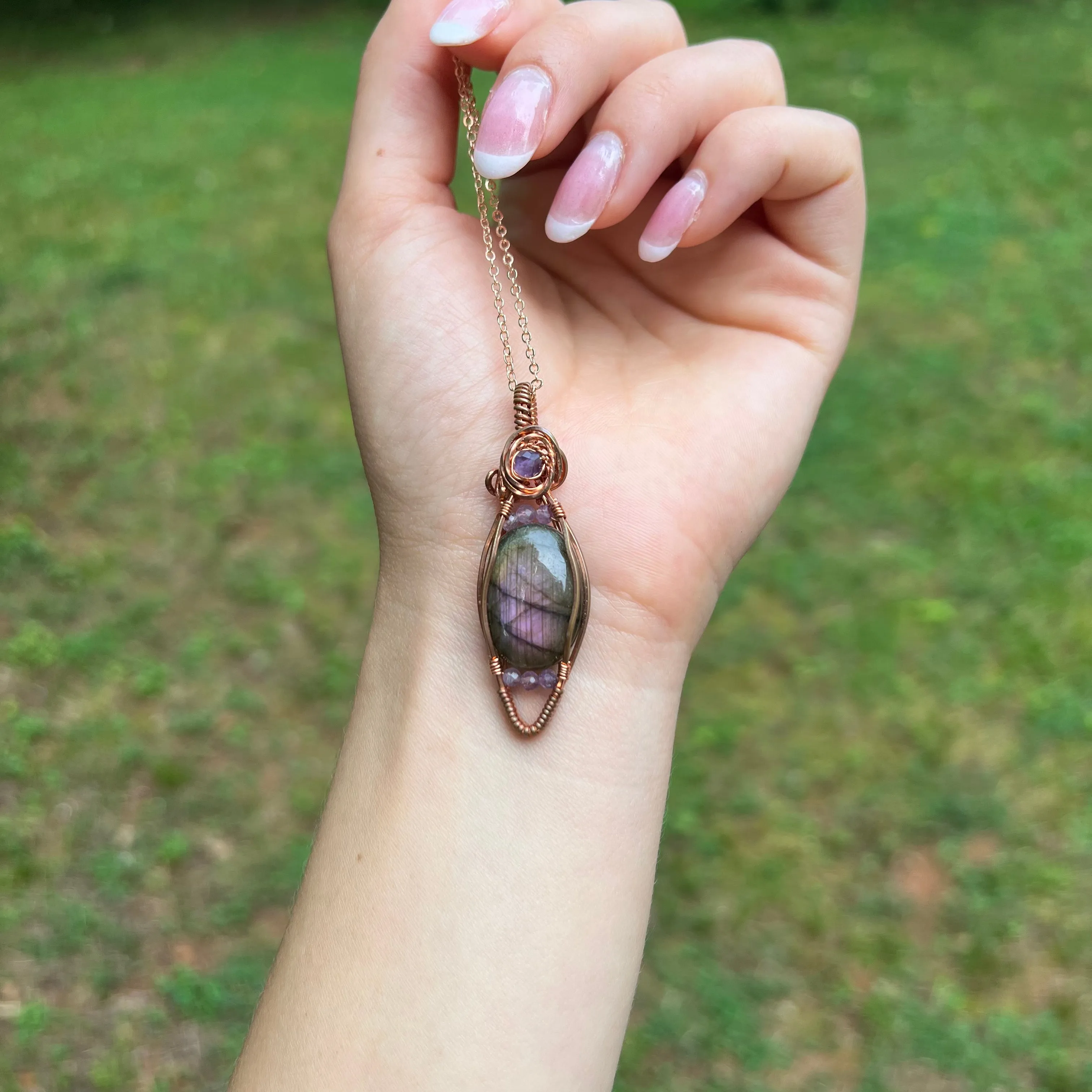 Purple Labradorite and Amethyst Wire-Wrapped Pendant - Ready to Ship