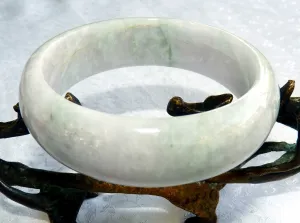 "Mysterious" Green Lavender Hues on White Burmese Jadeite "Old Mine" Bangle Bracelet 60mm (JHBB-3297)