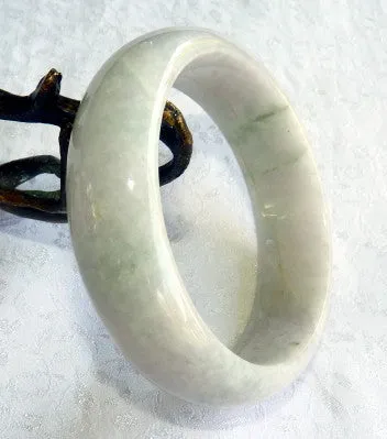 "Mysterious" Green Lavender Hues on White Burmese Jadeite "Old Mine" Bangle Bracelet 60mm (JHBB-3297)