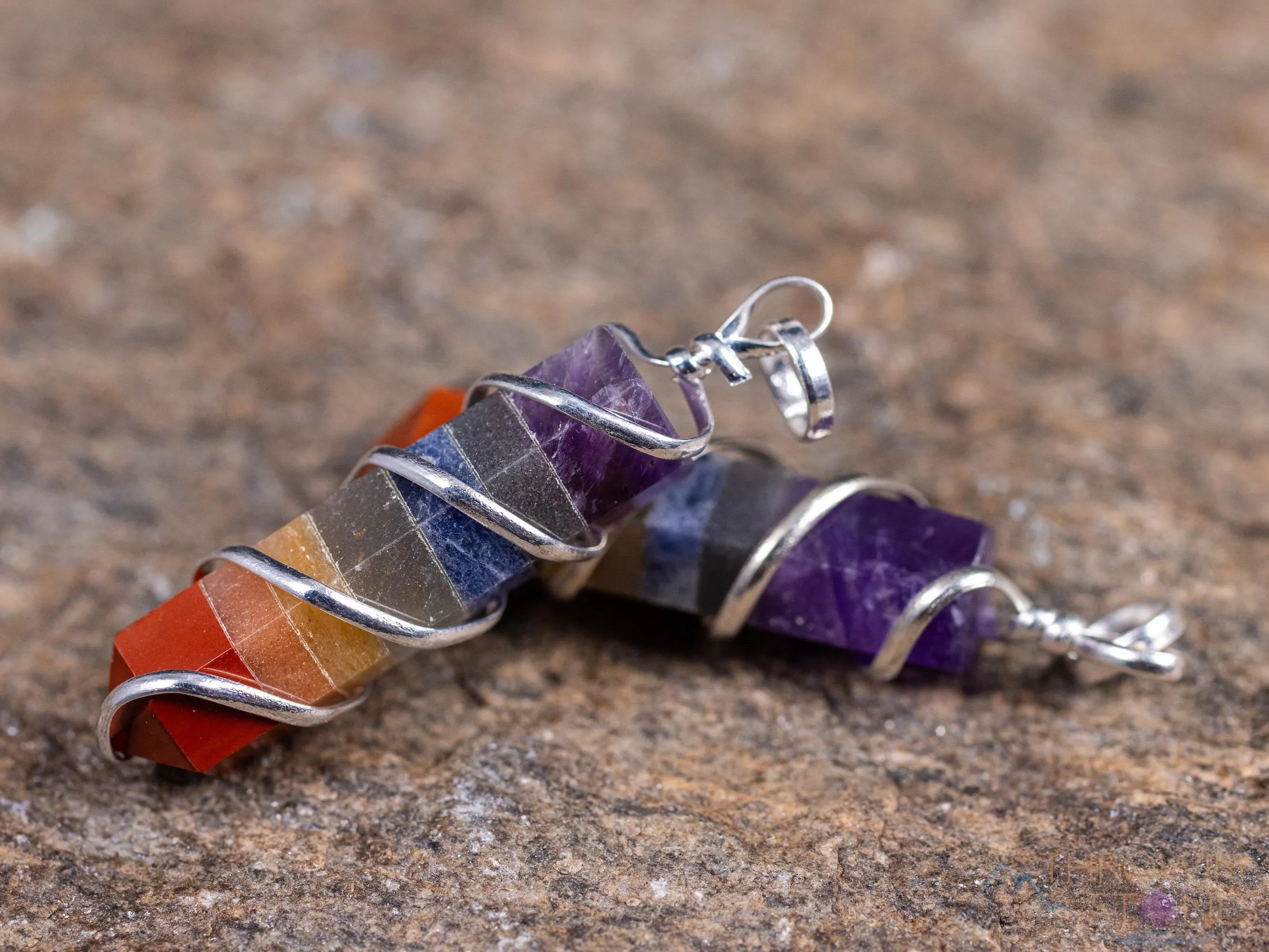 Rainbow CHAKRA Crystal Point Pendant - Wire Wrapped Gemstone Handmade Jewelry, Healing Crystals and Stones, E1360