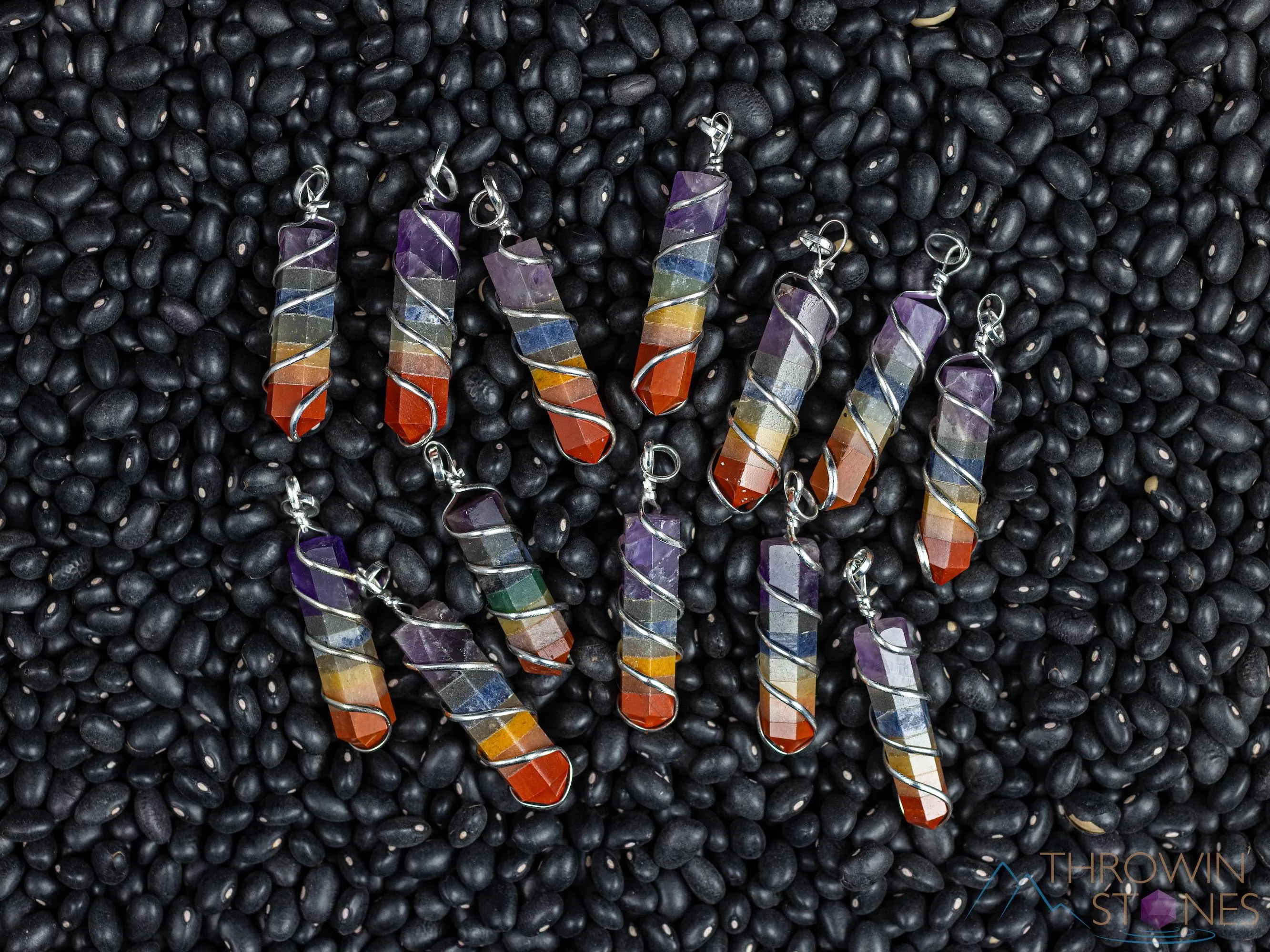 Rainbow CHAKRA Crystal Point Pendant - Wire Wrapped Gemstone Handmade Jewelry, Healing Crystals and Stones, E1360