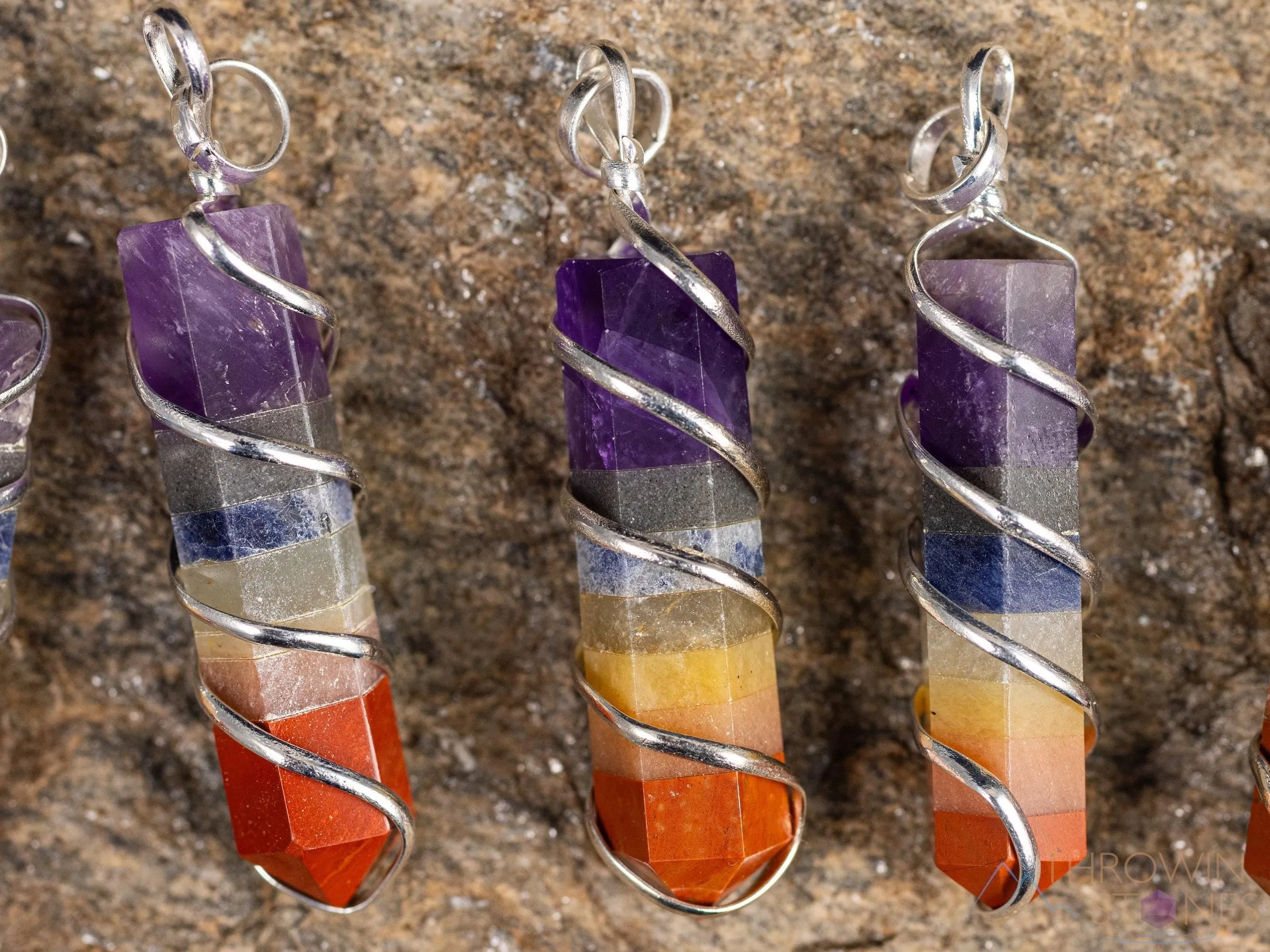 Rainbow CHAKRA Crystal Point Pendant - Wire Wrapped Gemstone Handmade Jewelry, Healing Crystals and Stones, E1360
