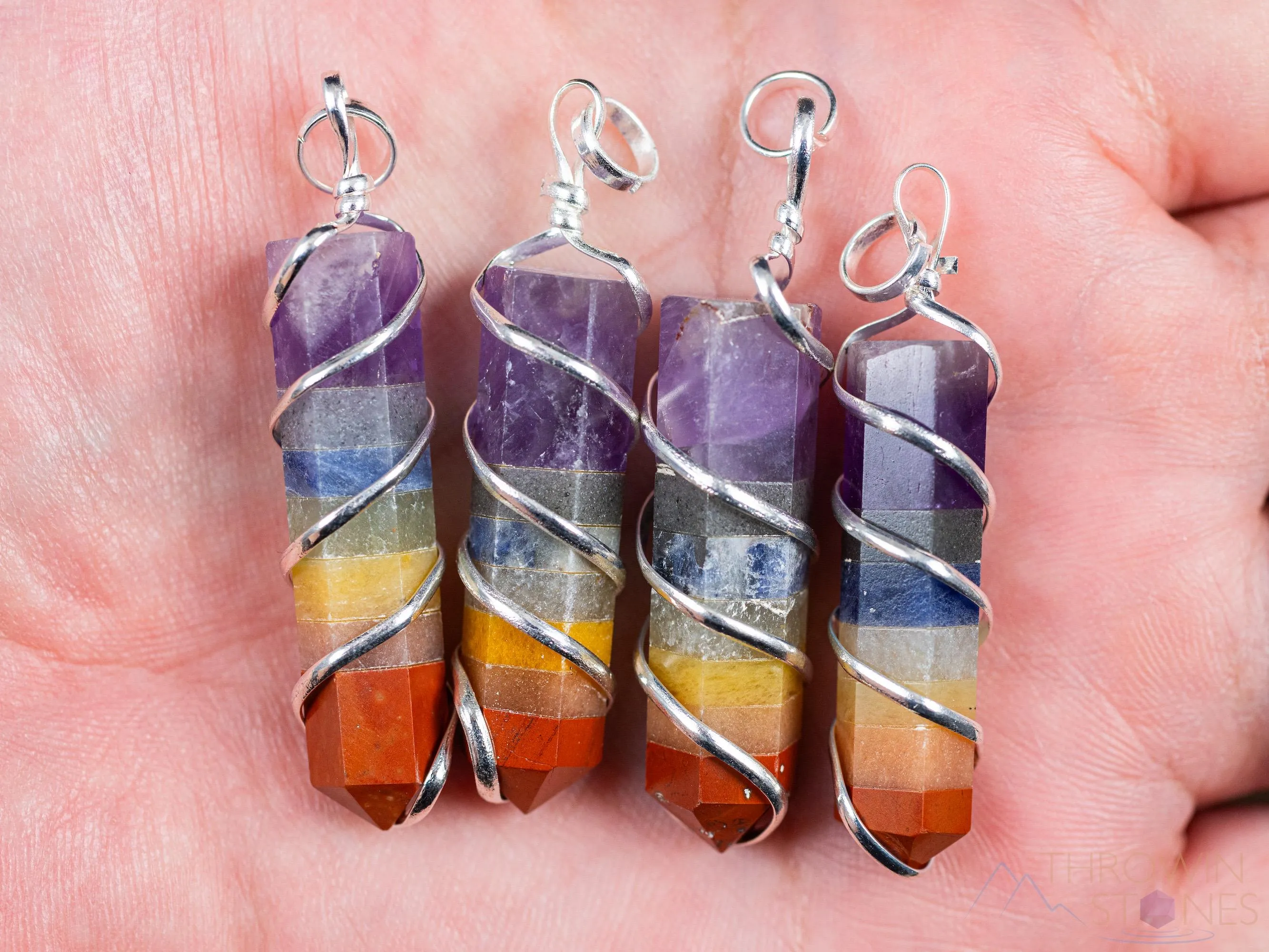 Rainbow CHAKRA Crystal Point Pendant - Wire Wrapped Gemstone Handmade Jewelry, Healing Crystals and Stones, E1360