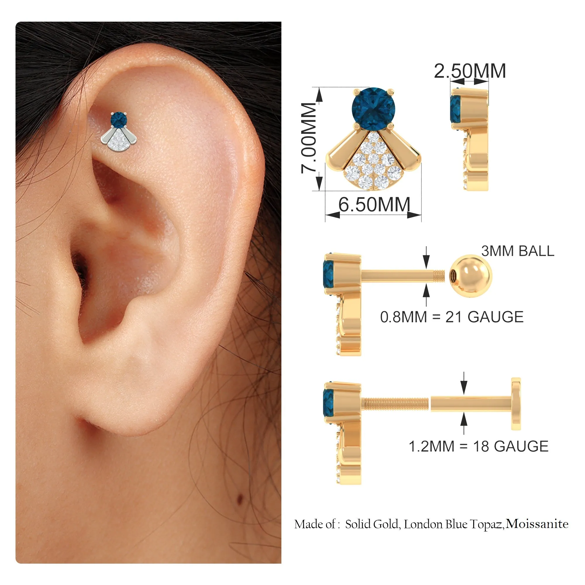 Real London Blue Topaz Fly Earring with Moissanite