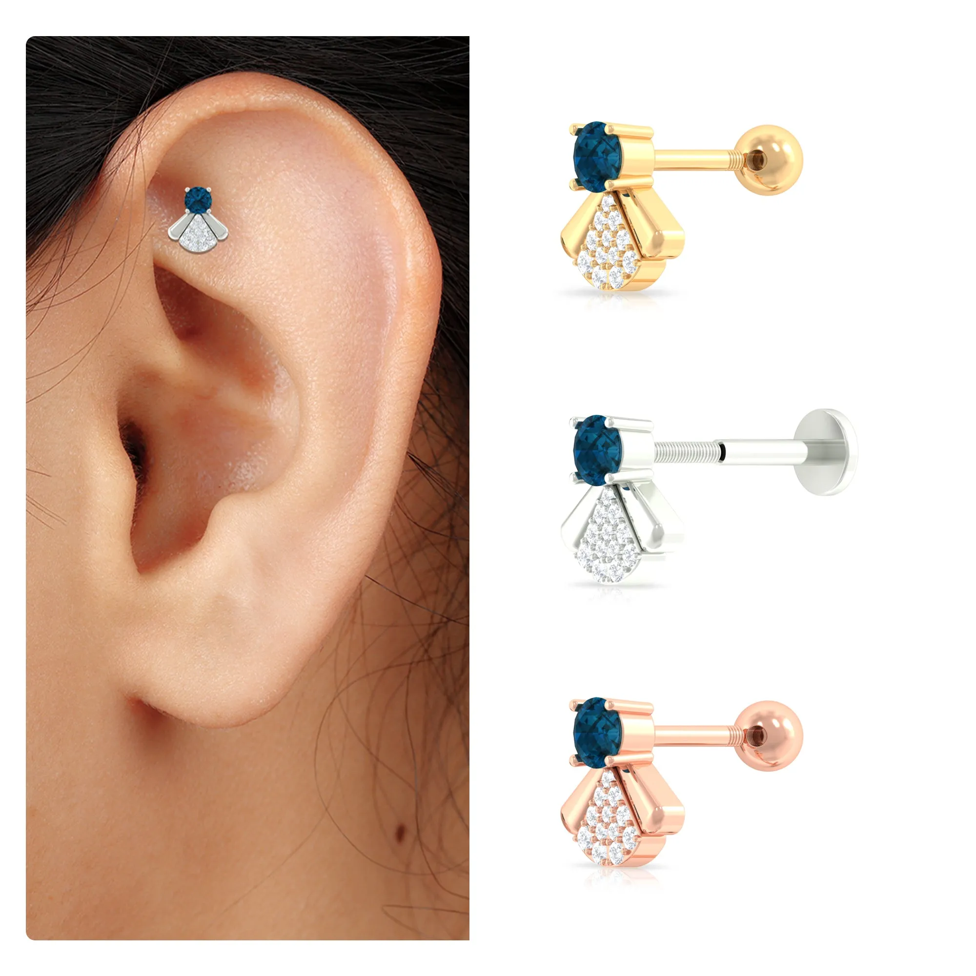 Real London Blue Topaz Fly Earring with Moissanite