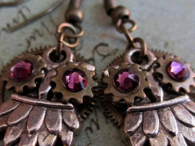 Steampunk owl earring , Steampunk earrings , Owls , Amethyst Birthstone
