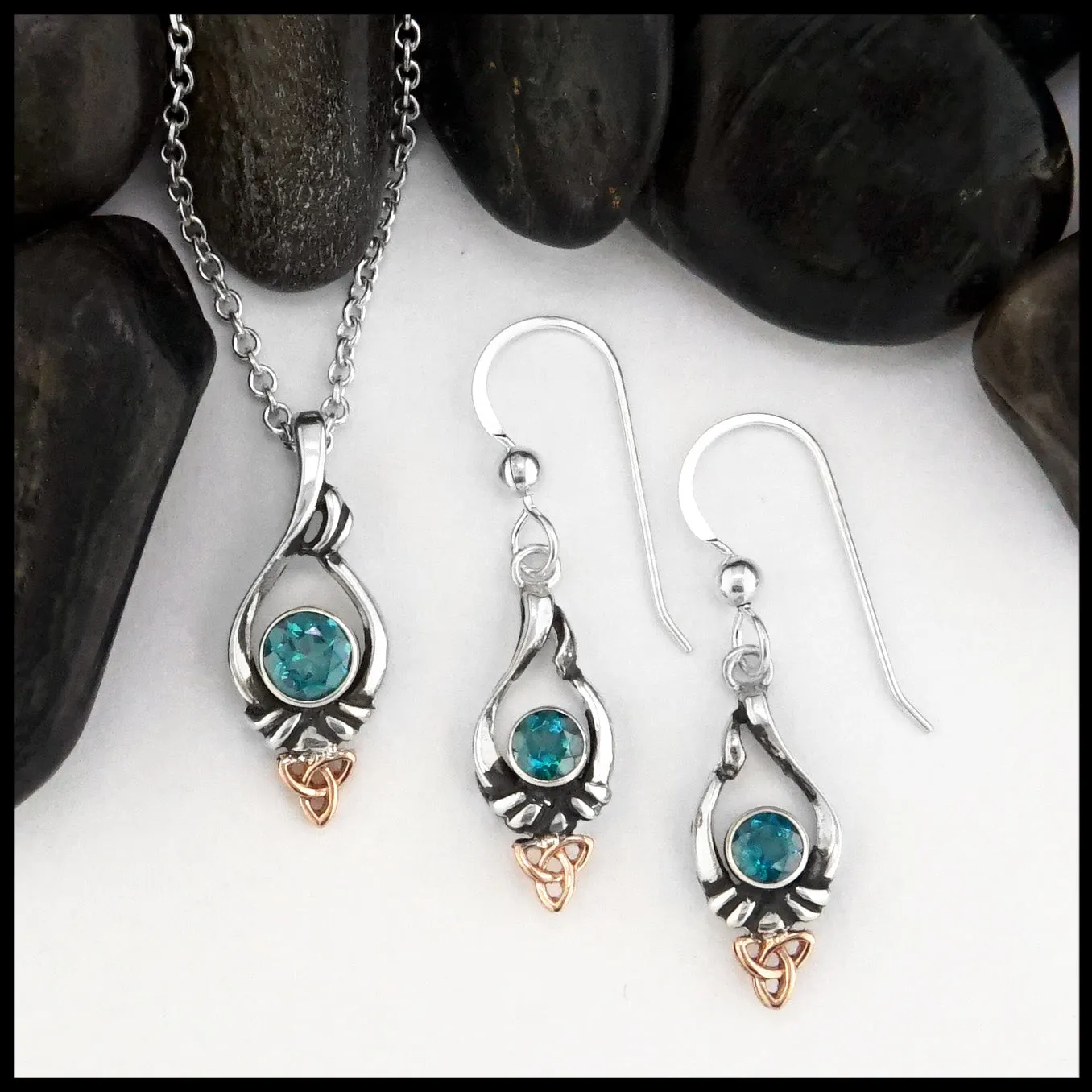 Trinity Knot Pendant and Earring set with Evergreen Topaz