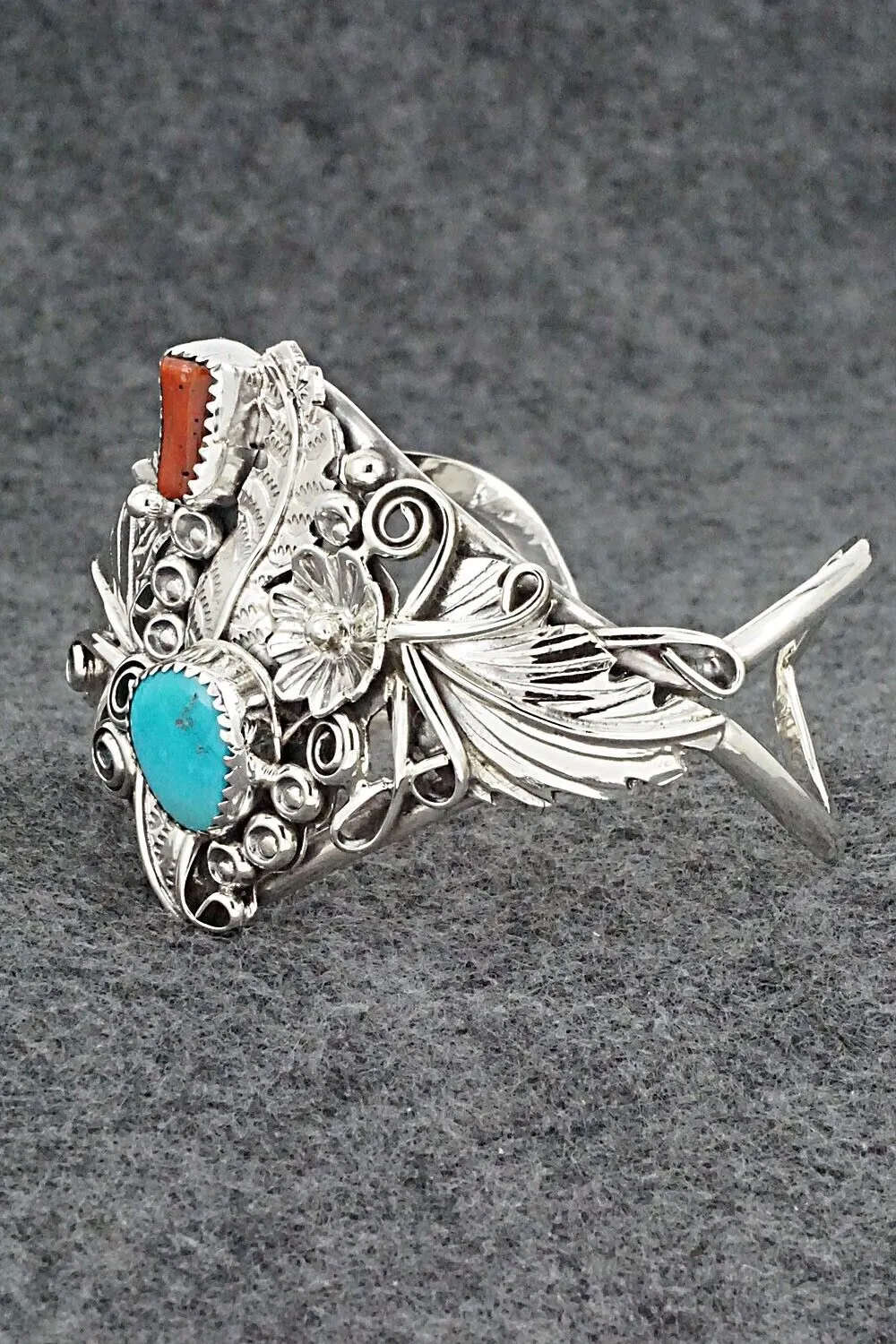 Turquoise, Coral & Sterling Silver Bracelet - Harry B. Yazzie