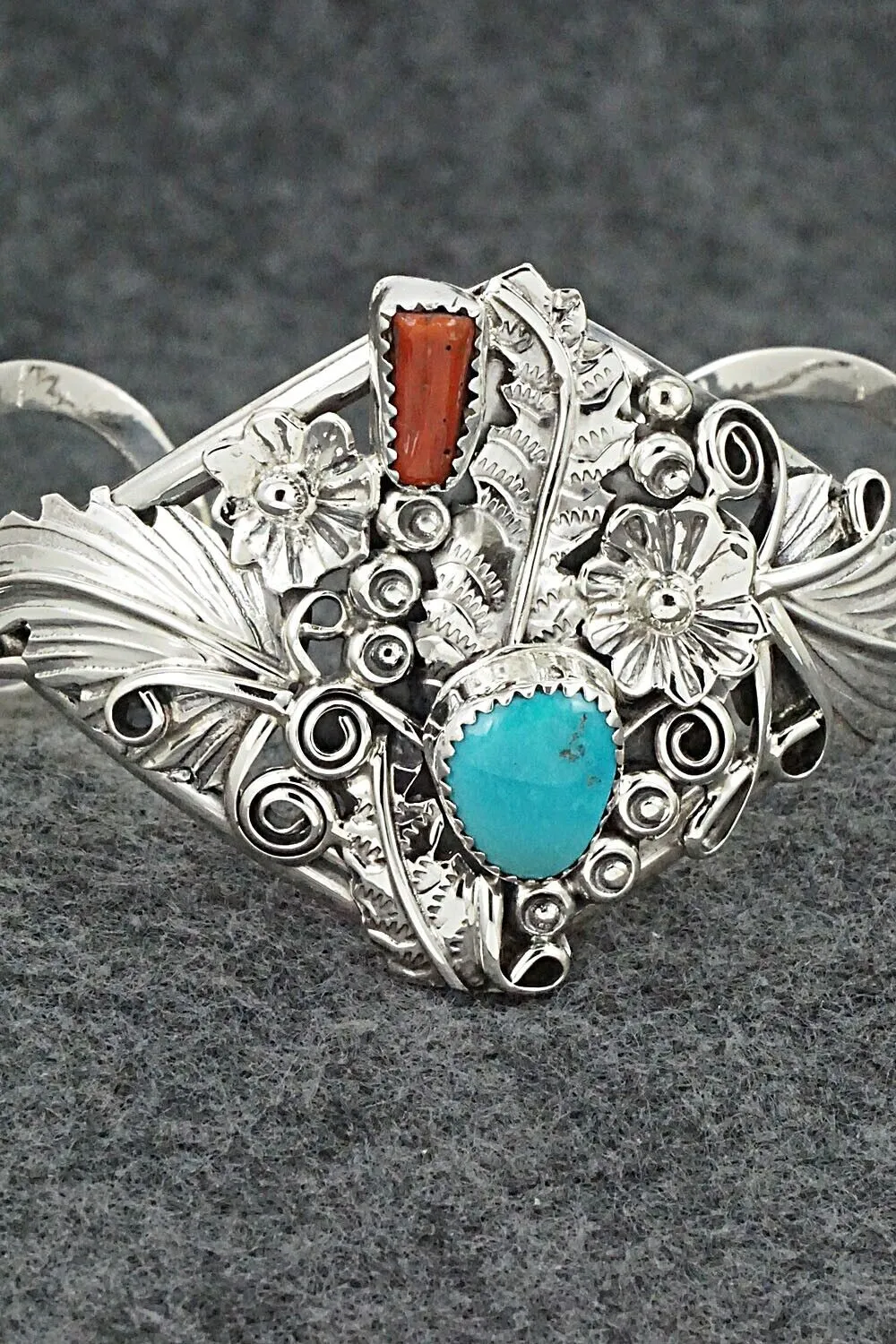 Turquoise, Coral & Sterling Silver Bracelet - Harry B. Yazzie