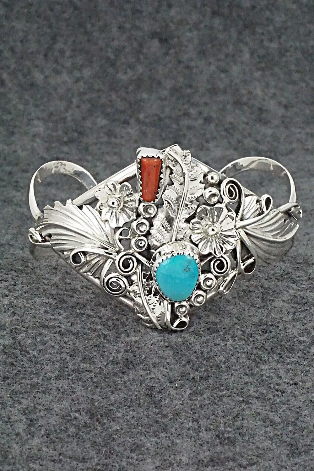Turquoise, Coral & Sterling Silver Bracelet - Harry B. Yazzie