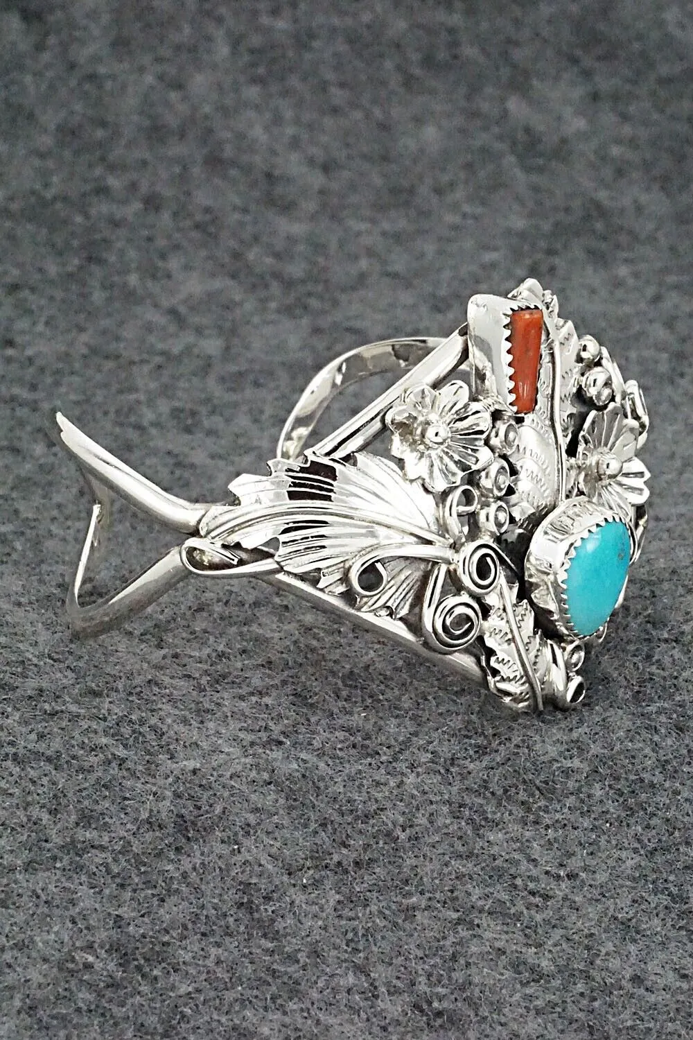 Turquoise, Coral & Sterling Silver Bracelet - Harry B. Yazzie