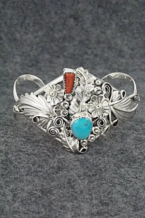 Turquoise, Coral & Sterling Silver Bracelet - Harry B. Yazzie