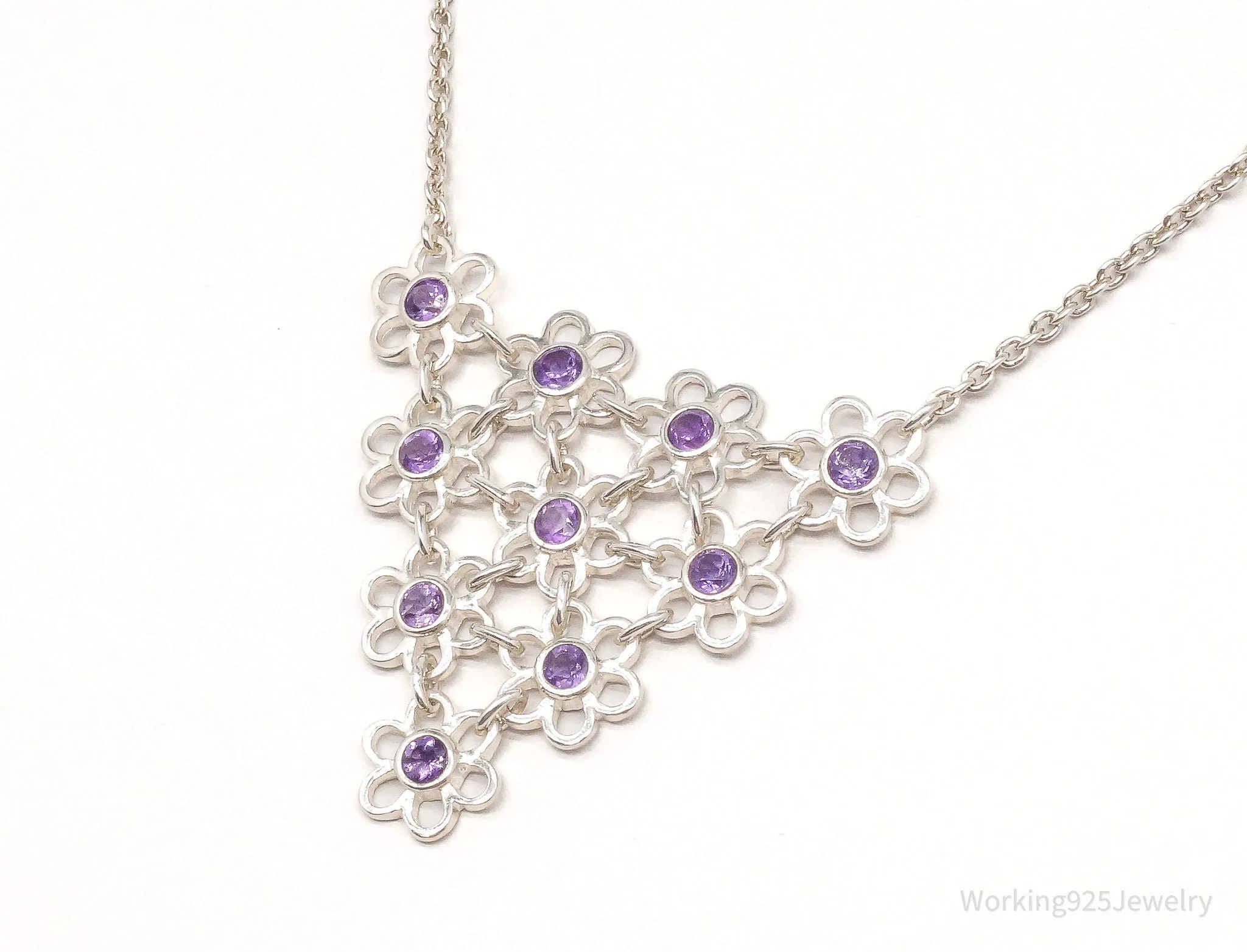 Vintage Amethyst Flowers Sterling Silver Chain Necklace 16"