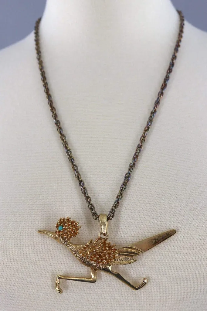 Vintage Gold Road Runner Pendant Necklace