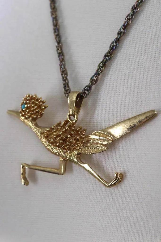 Vintage Gold Road Runner Pendant Necklace